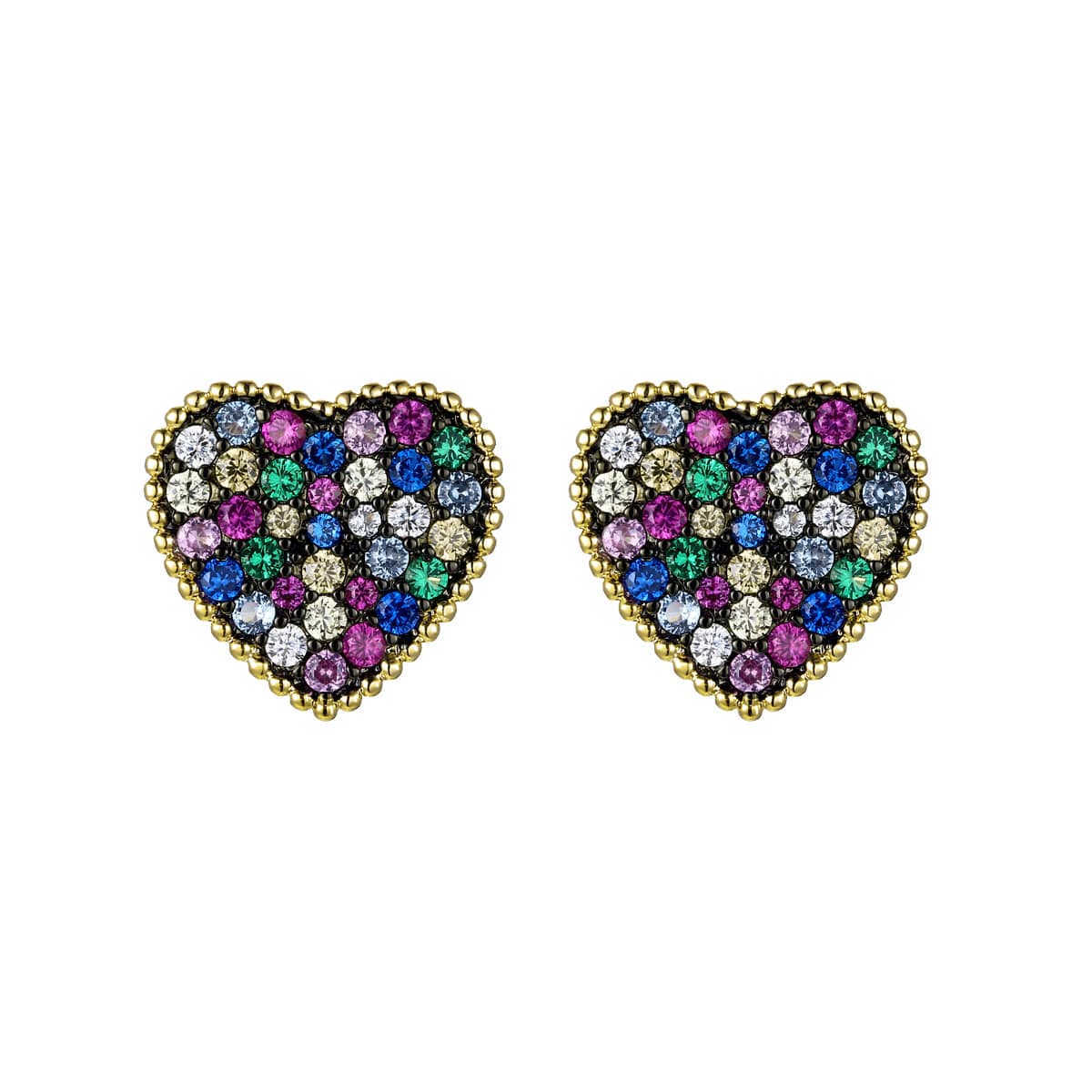 14k Gold Plated with Multi-Colored Gemstone Cubic Zirconia Pave Heart Stud Earrings - Image 2