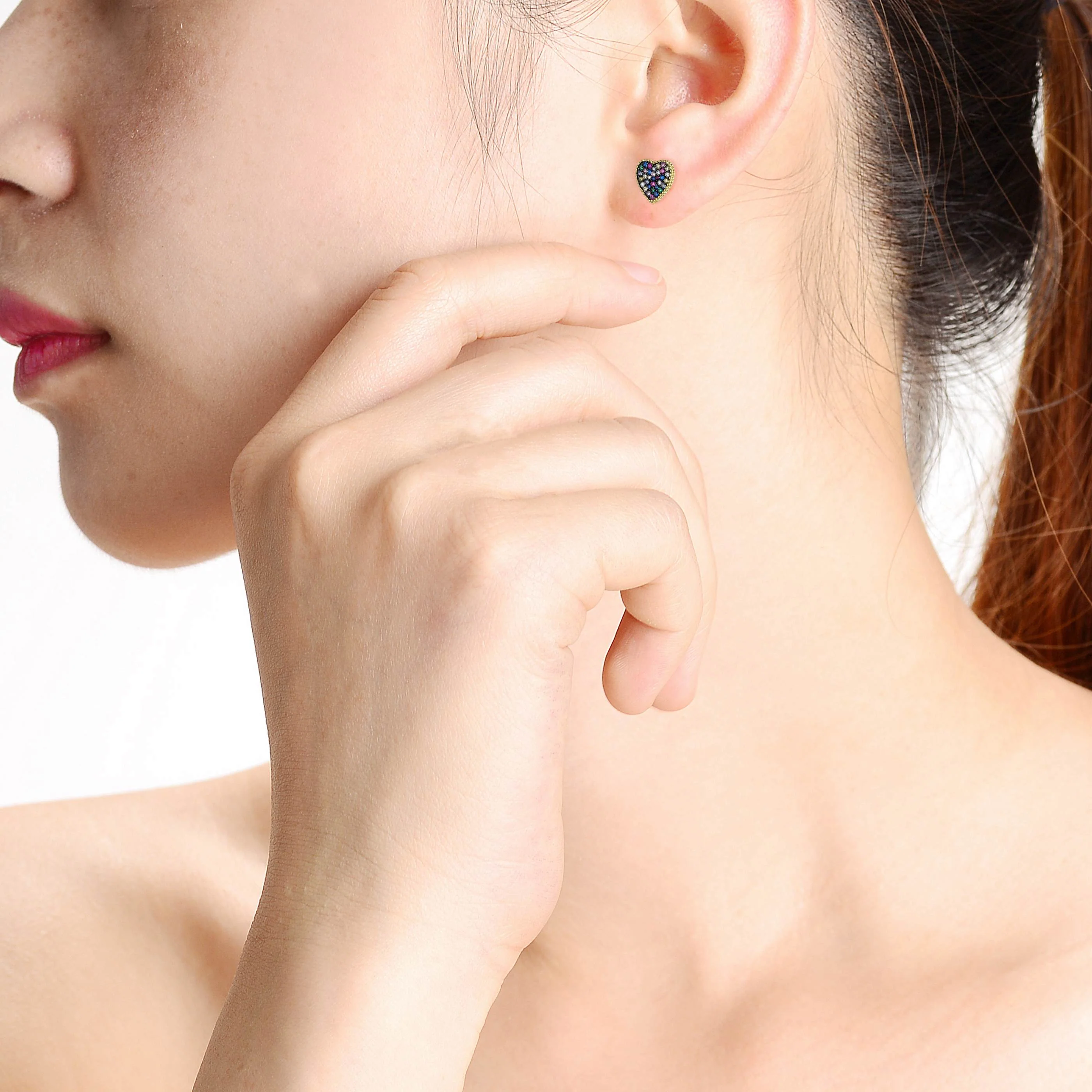 14k Gold Plated with Multi-Colored Gemstone Cubic Zirconia Pave Heart Stud Earrings - Image 3