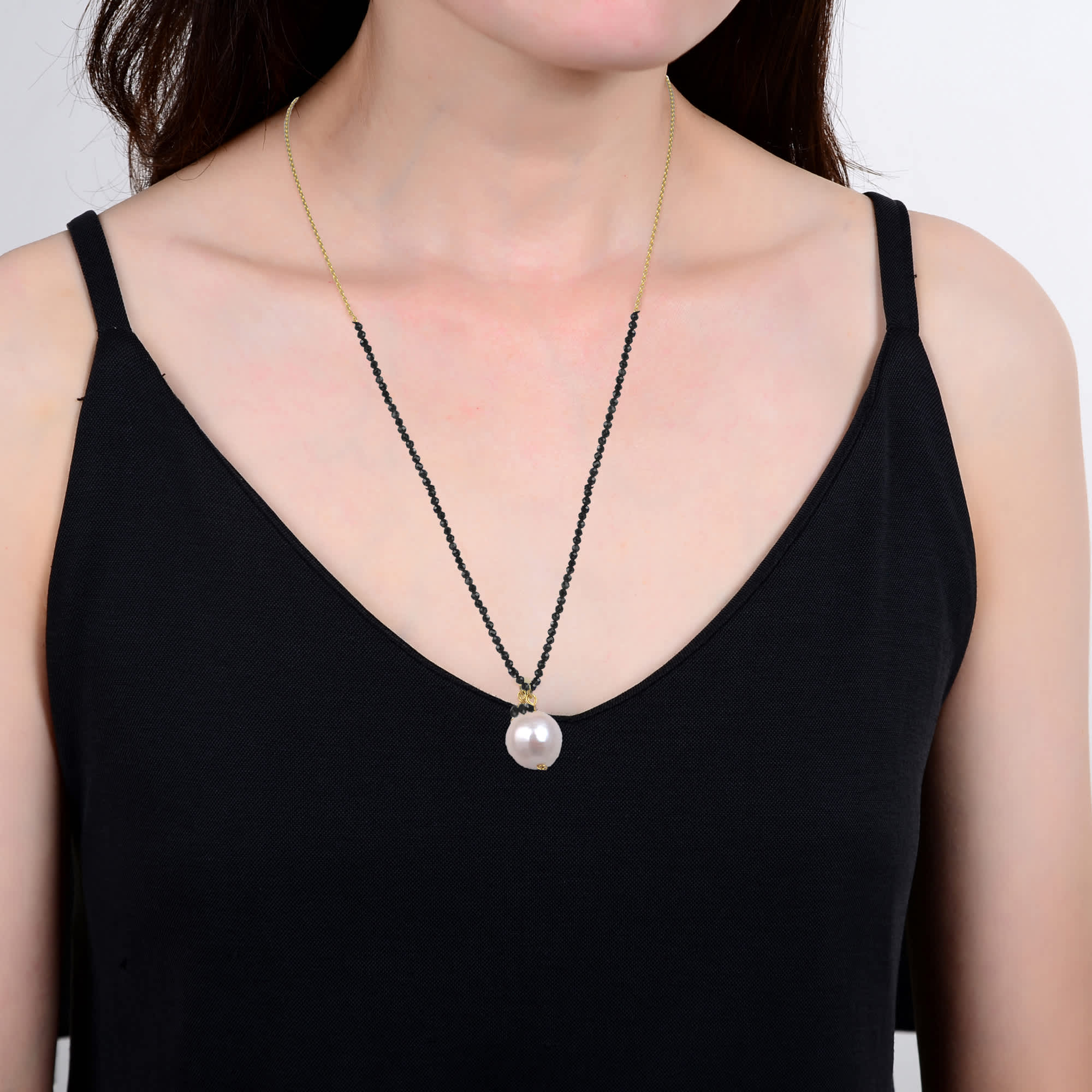 18K Plated Sterling Silver Freshwater Pearl and Natural Black Spinel Necklace with Adjustable Chain - Image 3
