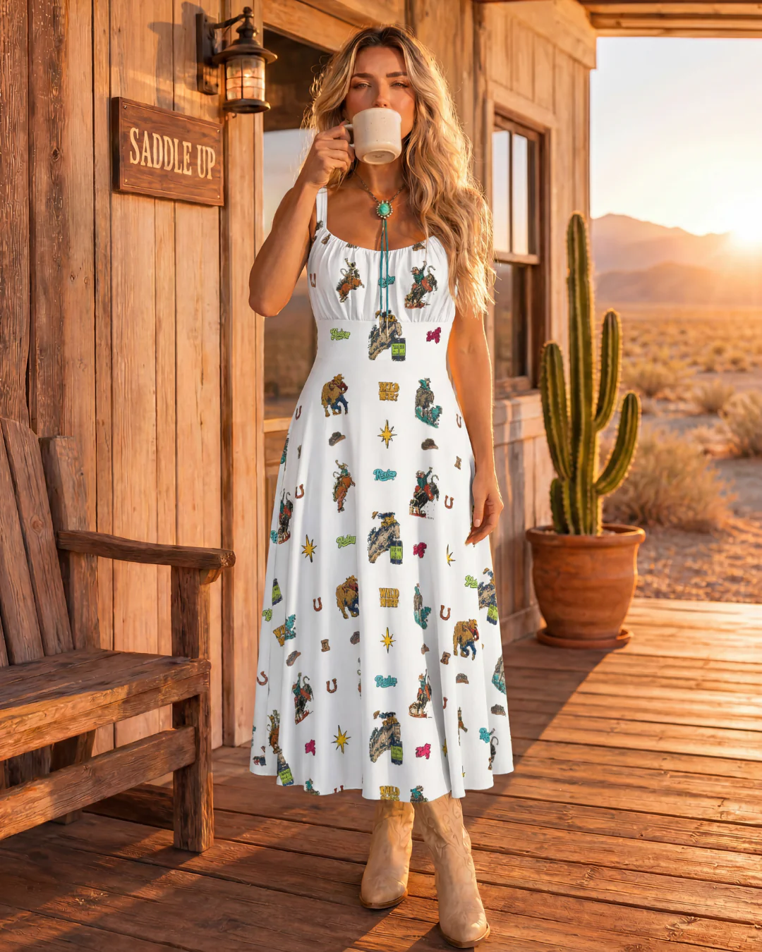 Baha Ranch The Last Roundup Western Rodeo Prairie Dress in White - Image 2