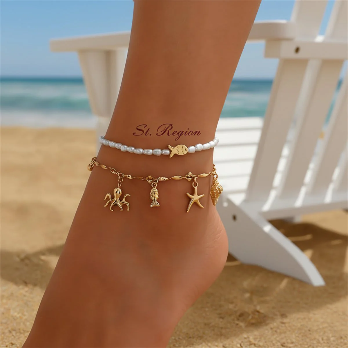 Baroque Pearl & Goldtone Sea Lives Tassel Anklet Set - Image 2