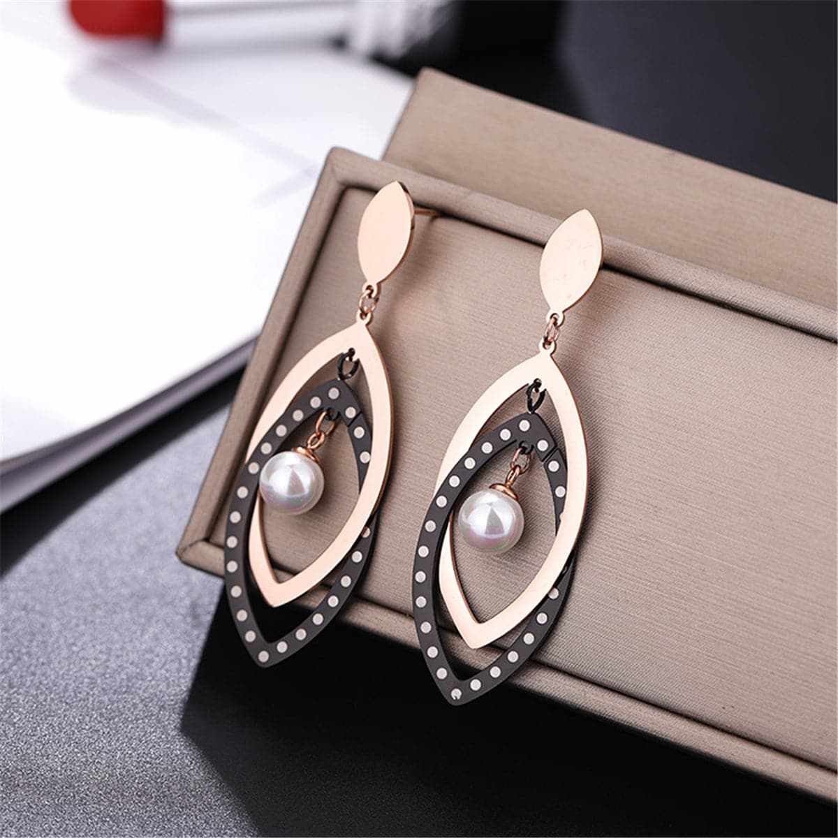 Black Acrylic & Pearl Rose Goldtone Open Leaves Drop Earrings - Image 2