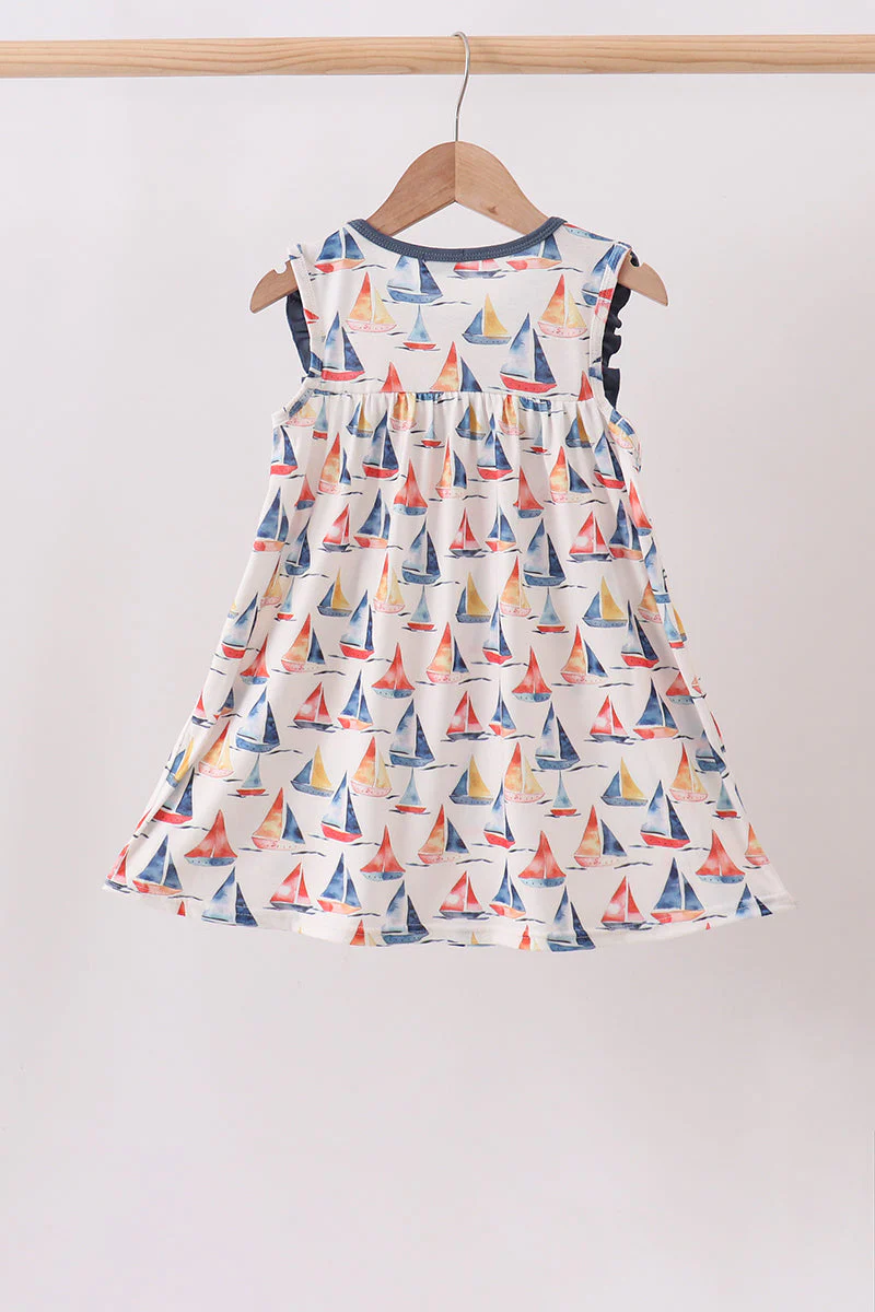 Blue Sailboat Embroidered Dress - Image 4