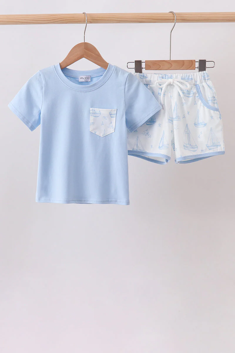 Blue Sailboat Shorts Set - Image 2
