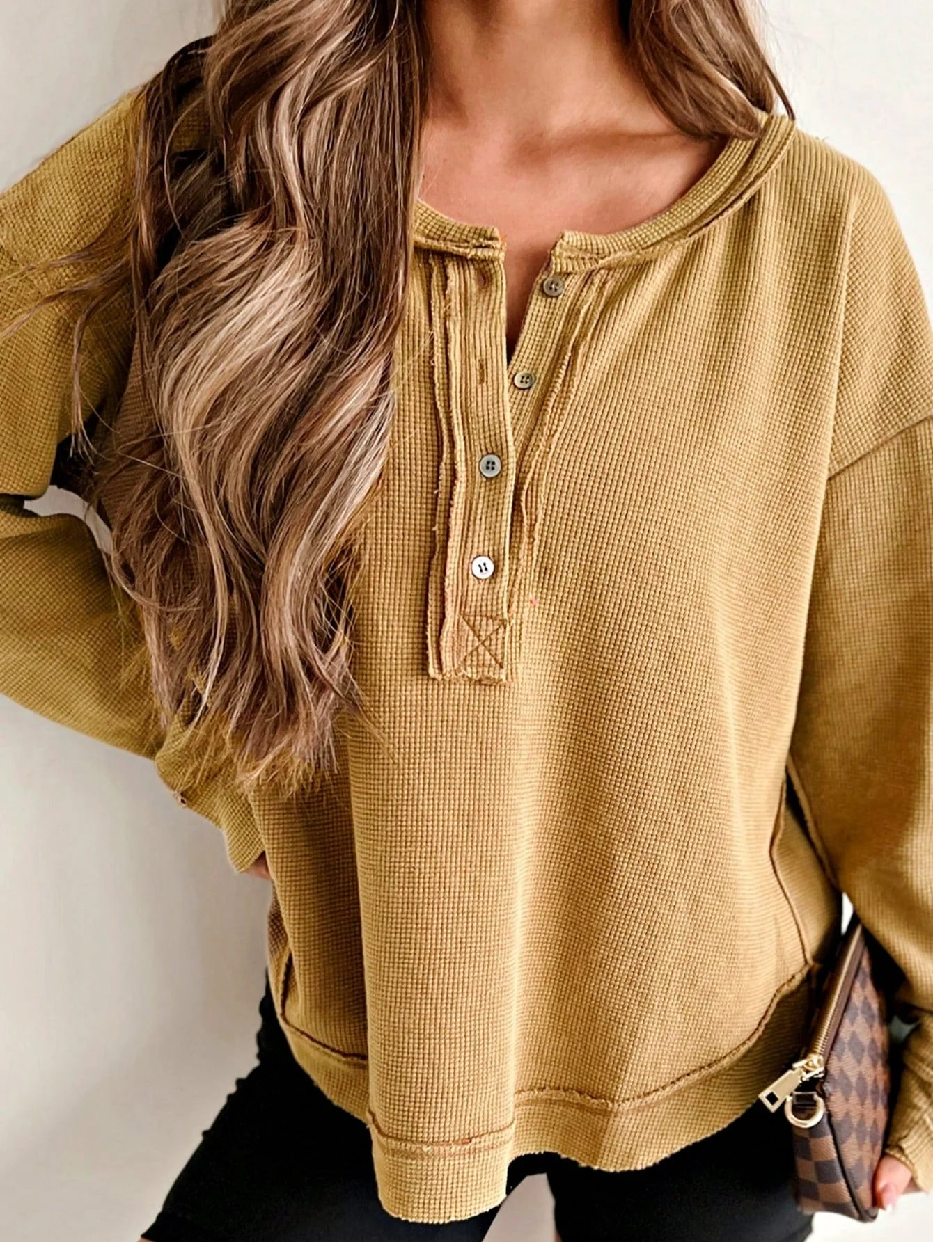 Boho Retro Vintage 90's Cotton Vanilla Beige Button Waffle Patchwork Long Pocket Sleeve Henley Knit Top Sweat Shirt Pullover - Image 10