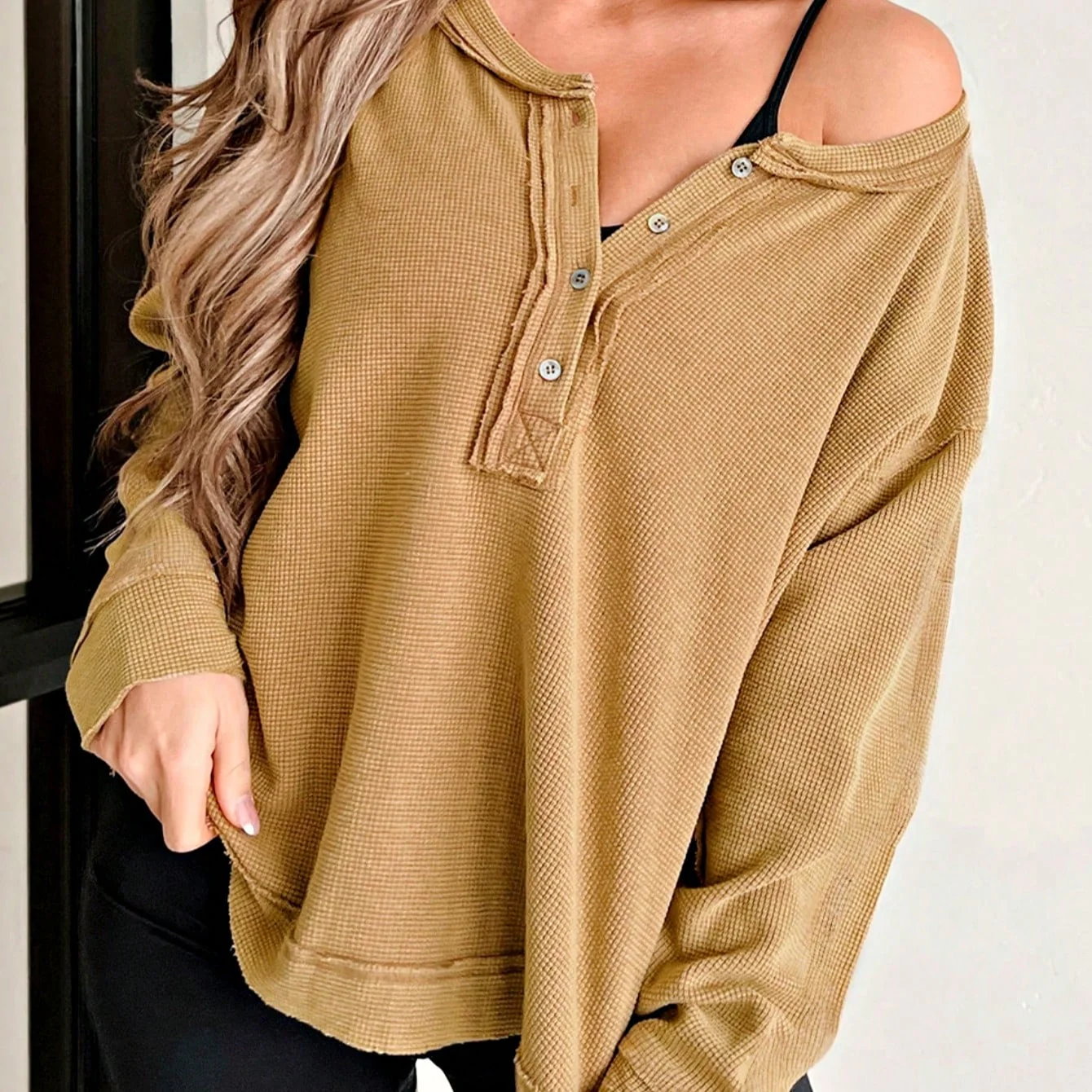 Boho Retro Vintage 90's Cotton Vanilla Beige Button Waffle Patchwork Long Pocket Sleeve Henley Knit Top Sweat Shirt Pullover - Image 12