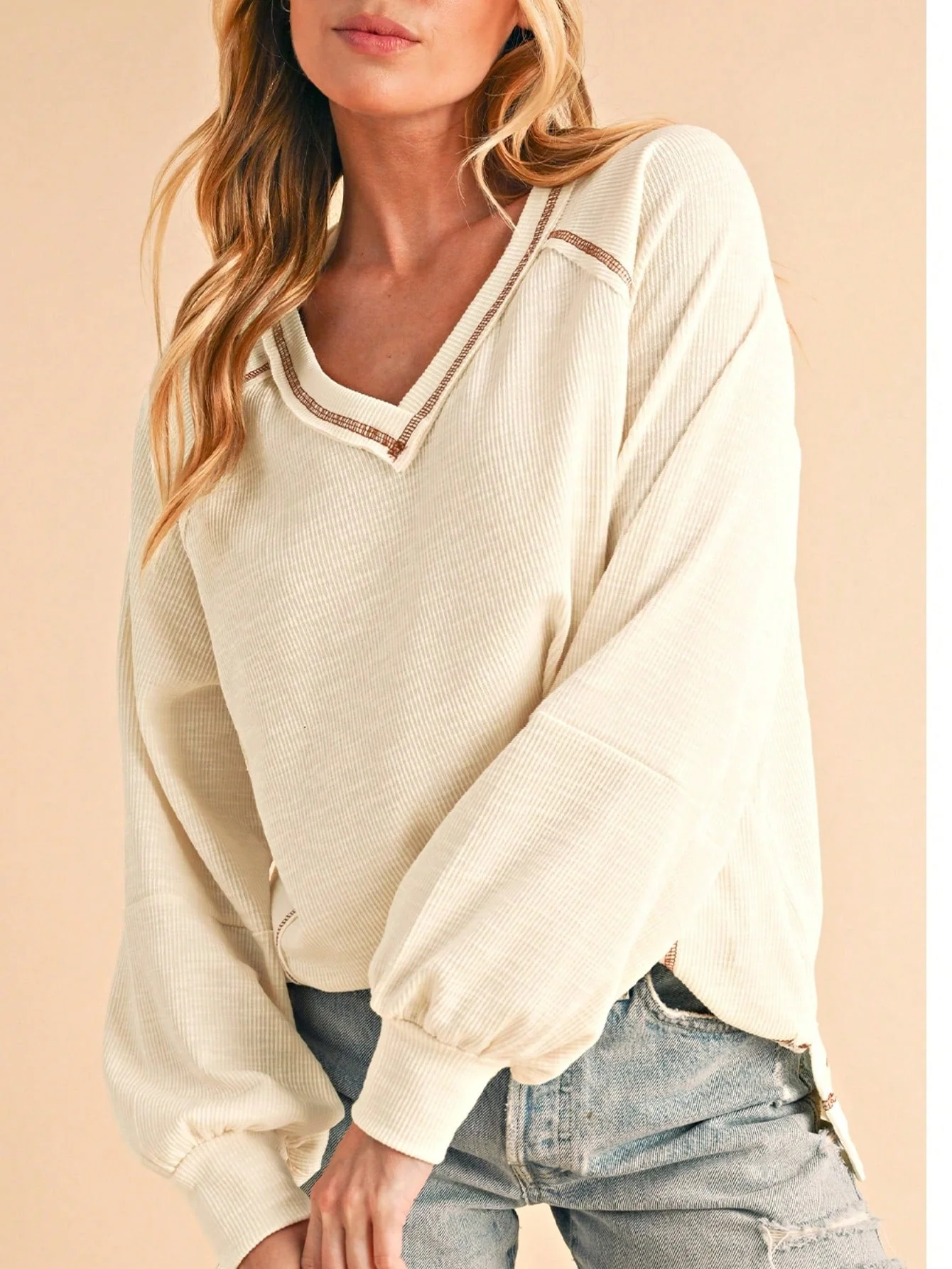 Boho Retro Vintage 90's Cotton Vanilla Beige Button Waffle Patchwork Long Pocket Sleeve Henley Knit Top Sweat Shirt Pullover - Image 15