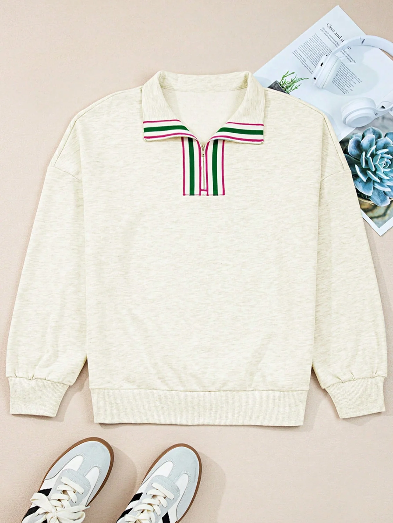 Boho Retro Vintage 90's Cotton Vanilla Beige Button Waffle Patchwork Long Pocket Sleeve Henley Knit Top Sweat Shirt Pullover - Image 25