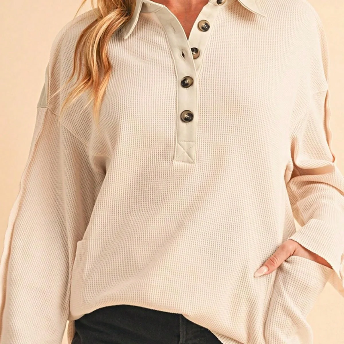 Boho Retro Vintage 90's Cotton Vanilla Beige Button Waffle Patchwork Long Pocket Sleeve Henley Knit Top Sweat Shirt Pullover - Image 33