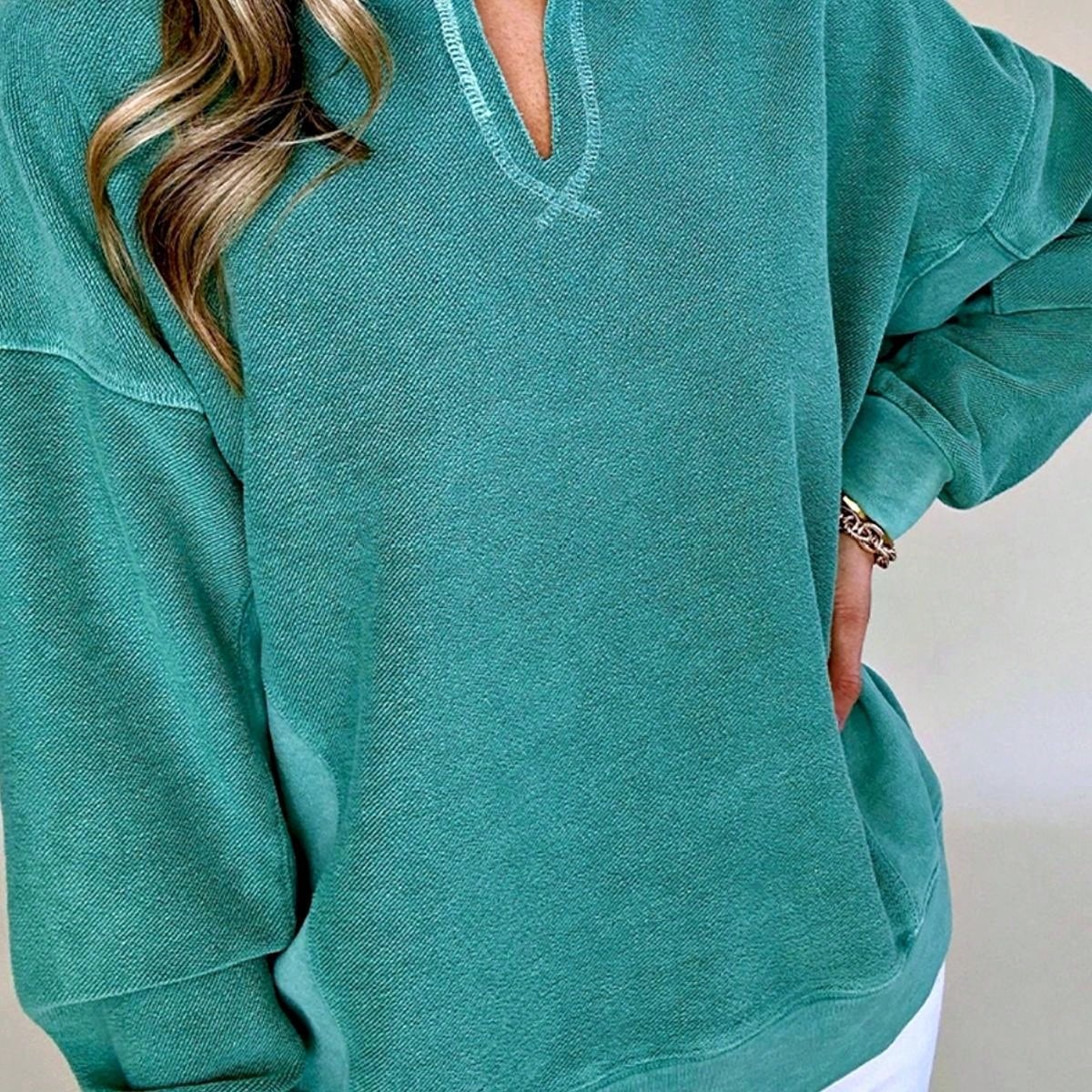Boho Retro Vintage 90's Cotton Vanilla Beige Button Waffle Patchwork Long Pocket Sleeve Henley Knit Top Sweat Shirt Pullover - Image 6