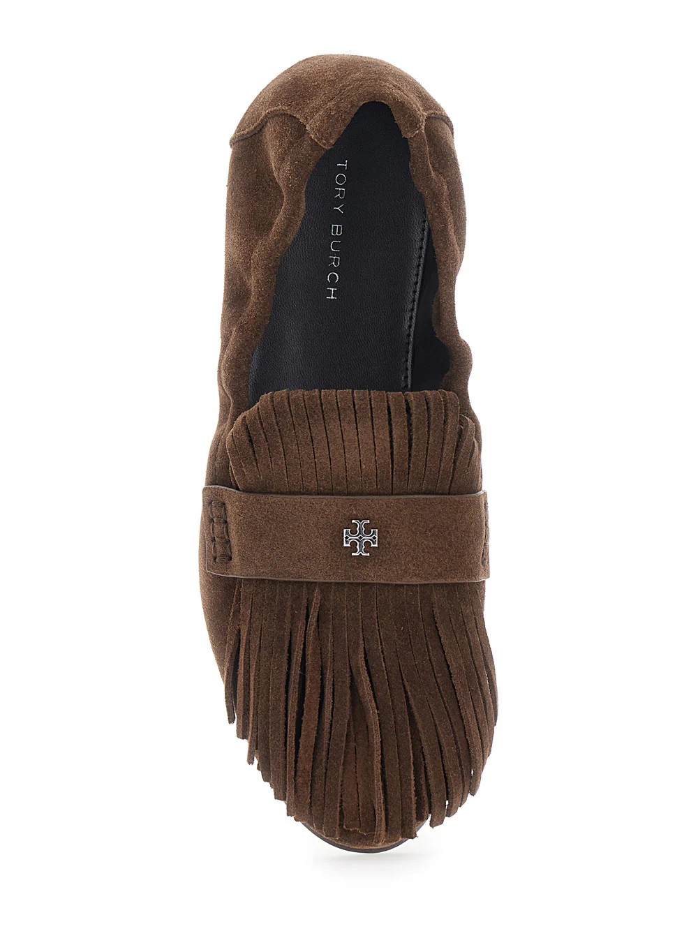 Brown Suede Loafers With Fringe and Metallic Logo - Image 4