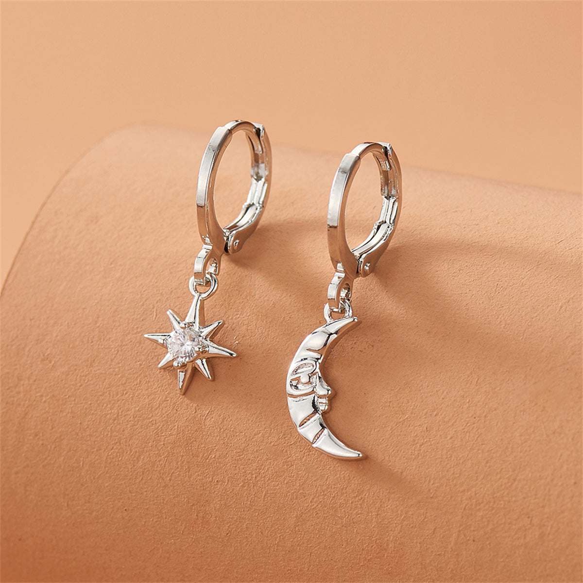 Cubic Zirconia & Silvertone Sun & Moon Asymmetrical Huggie Earrings - Image 2