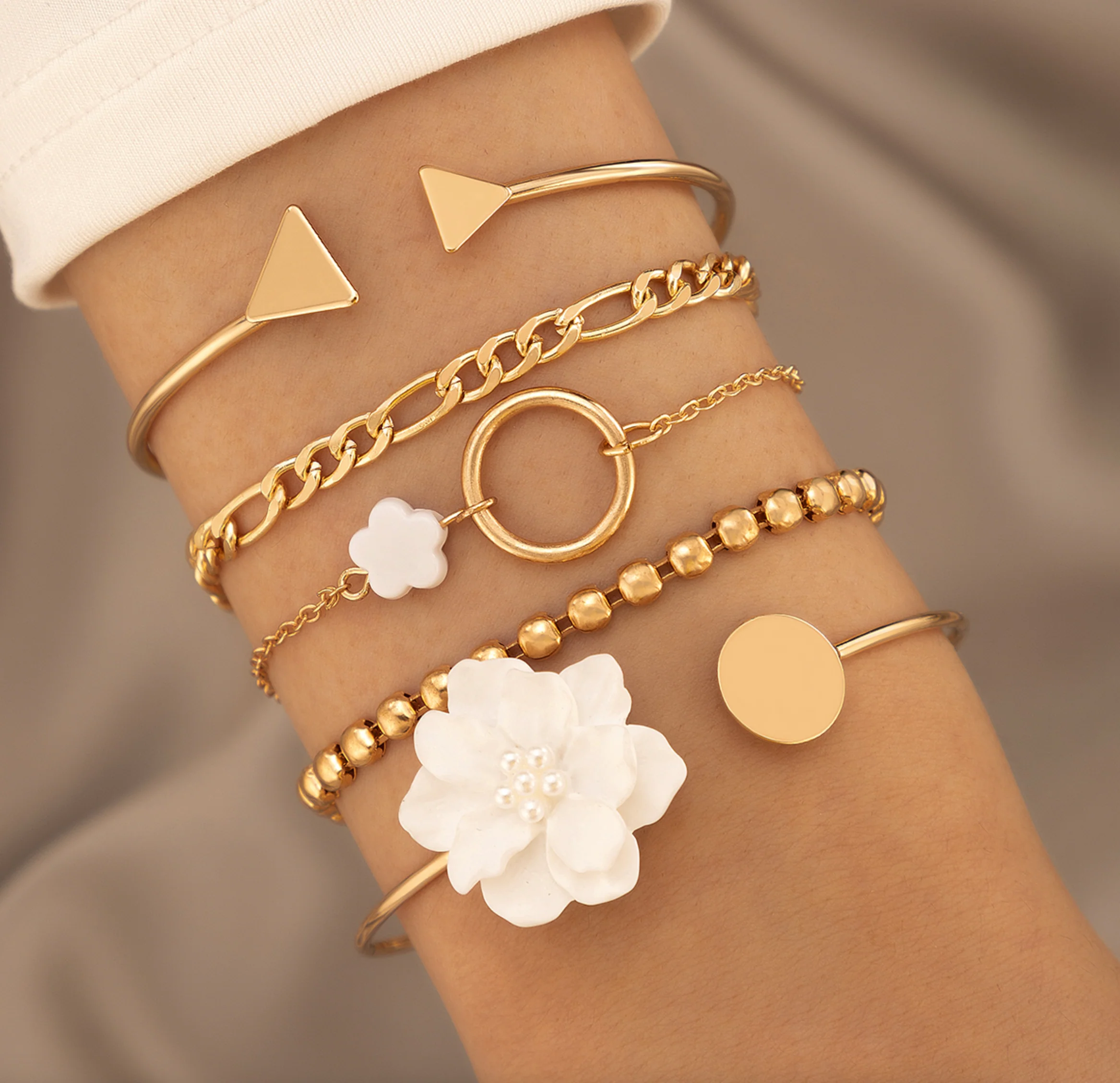 Goldtone White Floral Chain Bracelet Set