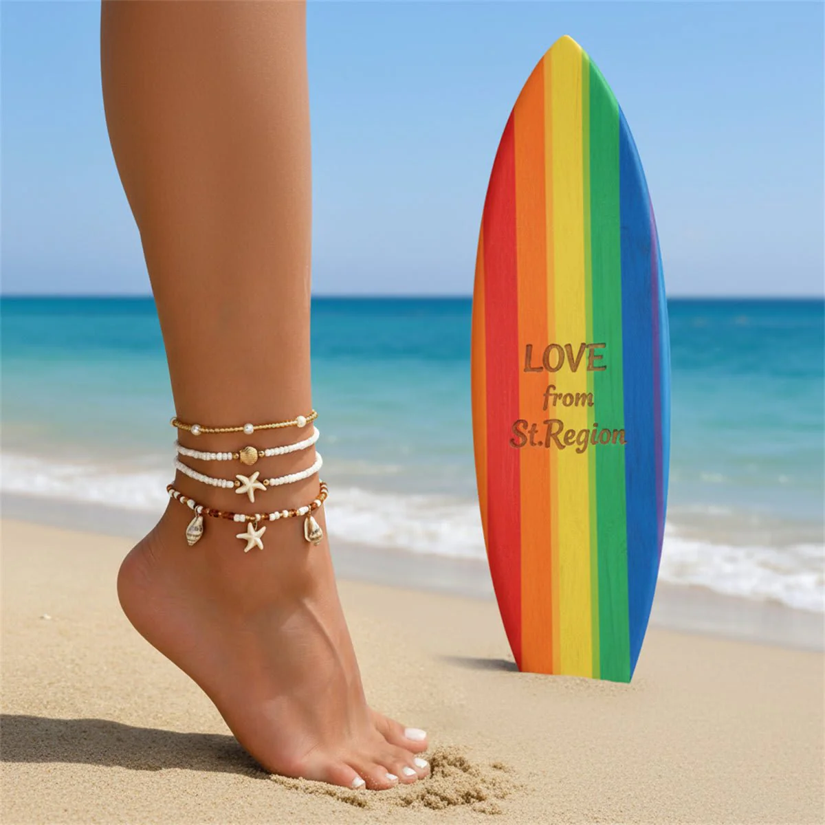 Howlite & Shell Resin Goldtone Shell Charm Stretch Anklet Set - Image 2
