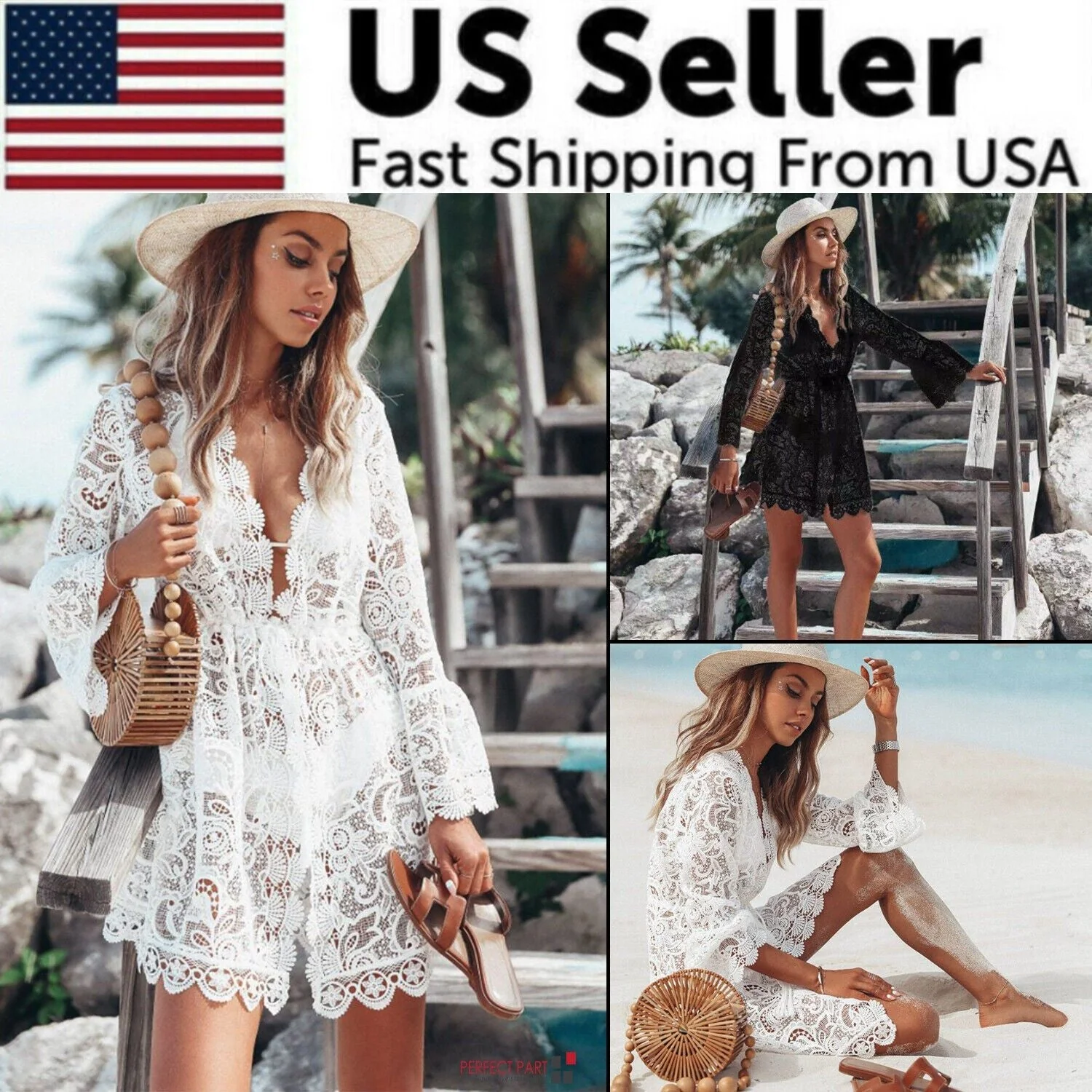 Lace Bathing Suit Cover Up Boho Beach Women Maxi Bikini Sundress Dress Summer US - Image 9