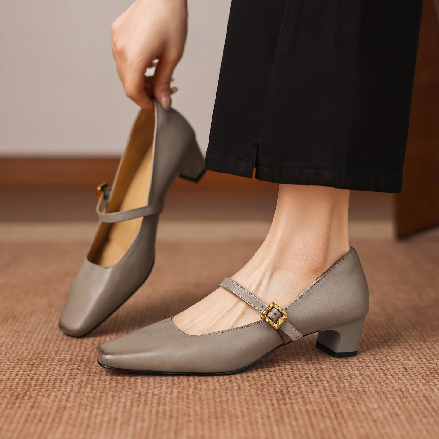 Mid-Heel Pumps - Full-Grain Leather Women's Classic Slip-On Court Shoes - Image 8