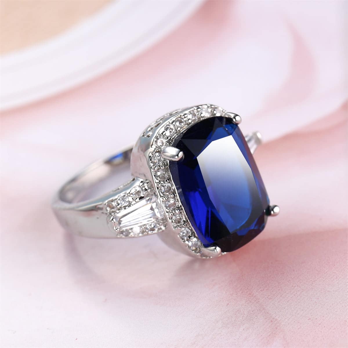 Navy Crystal & Cubic Zirconia Halo Cushion-Cut Ring - Image 13