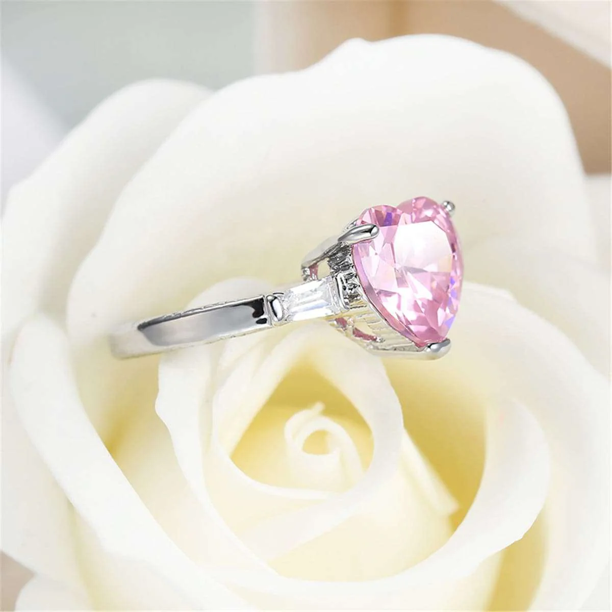 Pink Crystal & Silvertone Heart Ring - Image 10