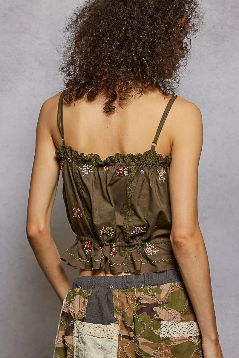 POL Button Down Floral Embroidered Cropped Cami with Lace Detail - Image 4