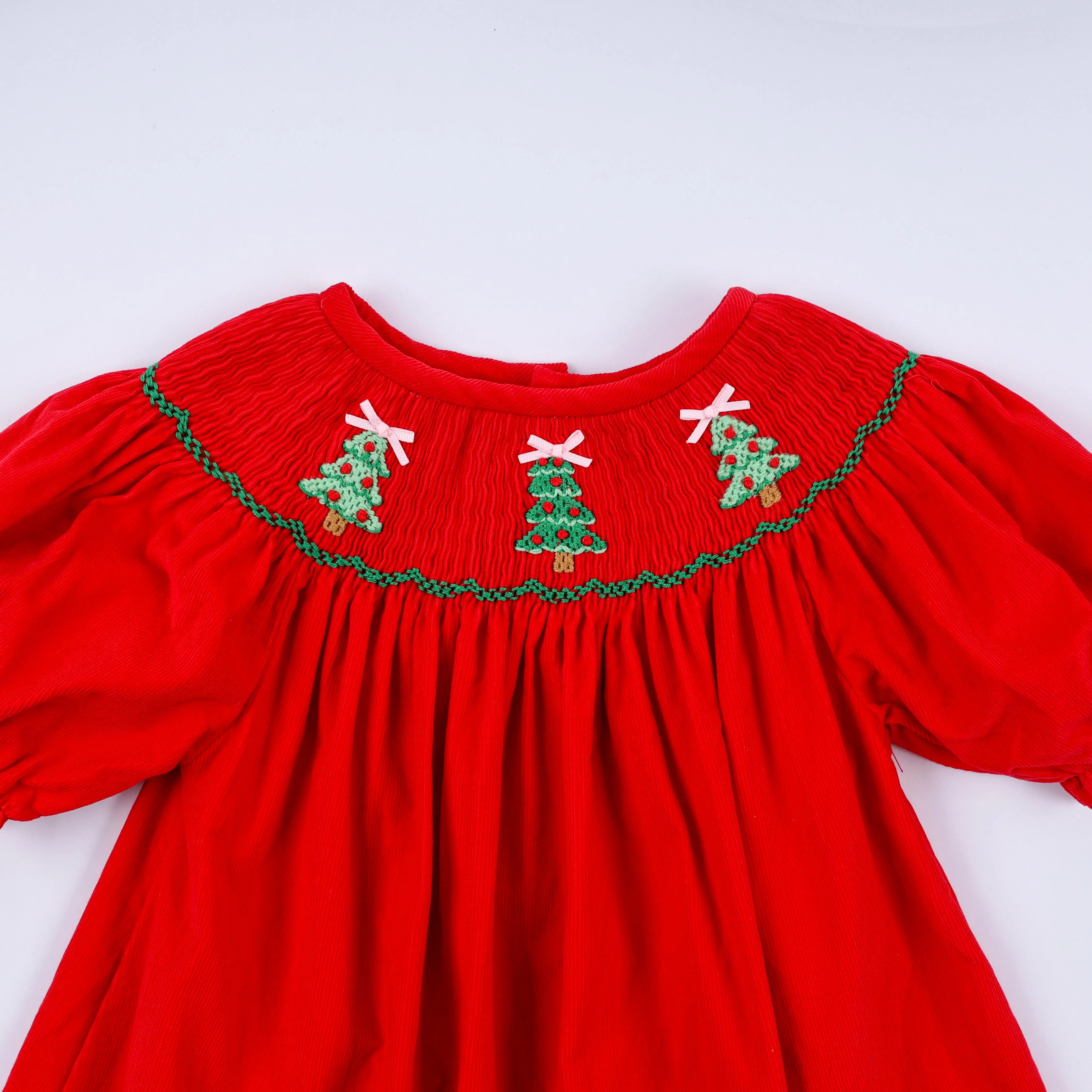 Red christmas tree hand smocked dress - Image 2