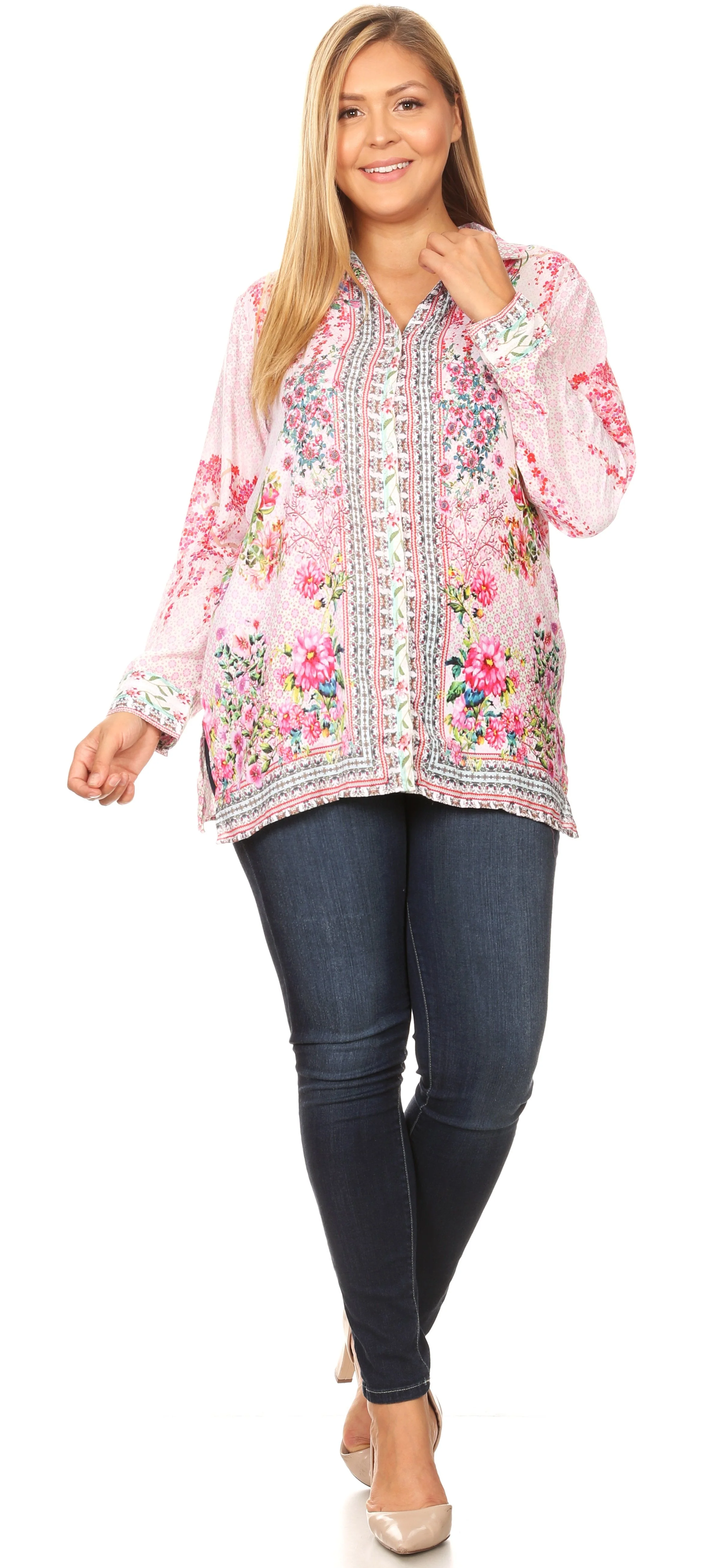 Sakkas Issa Women's Long Sleeve Floral Print Casual Button Down Shirt Blouse Top - Image 30