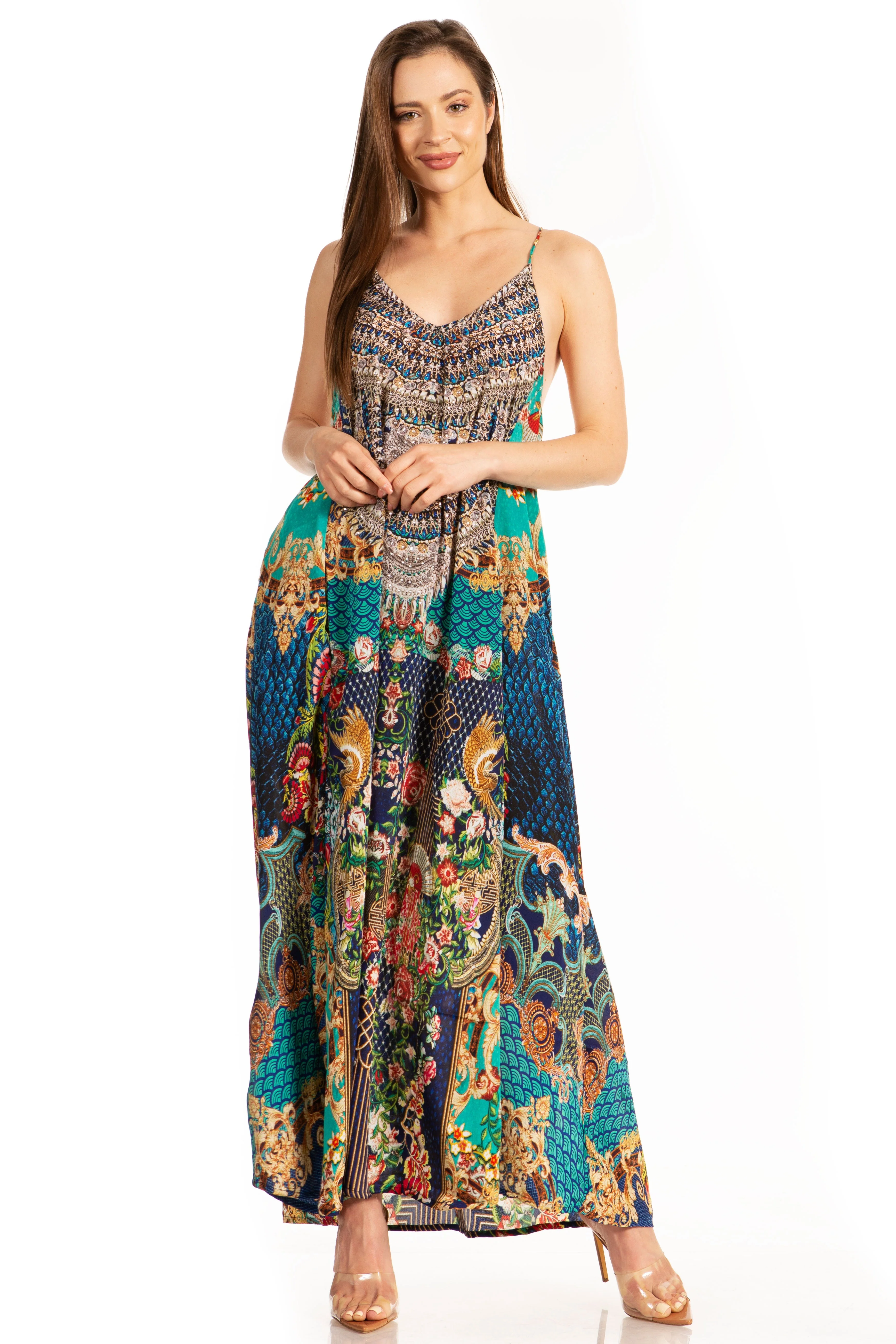 Sakkas Sofia Women's Spaghetti Strap V-neck Floral Print Summer Casual Maxi Dress - Image 20