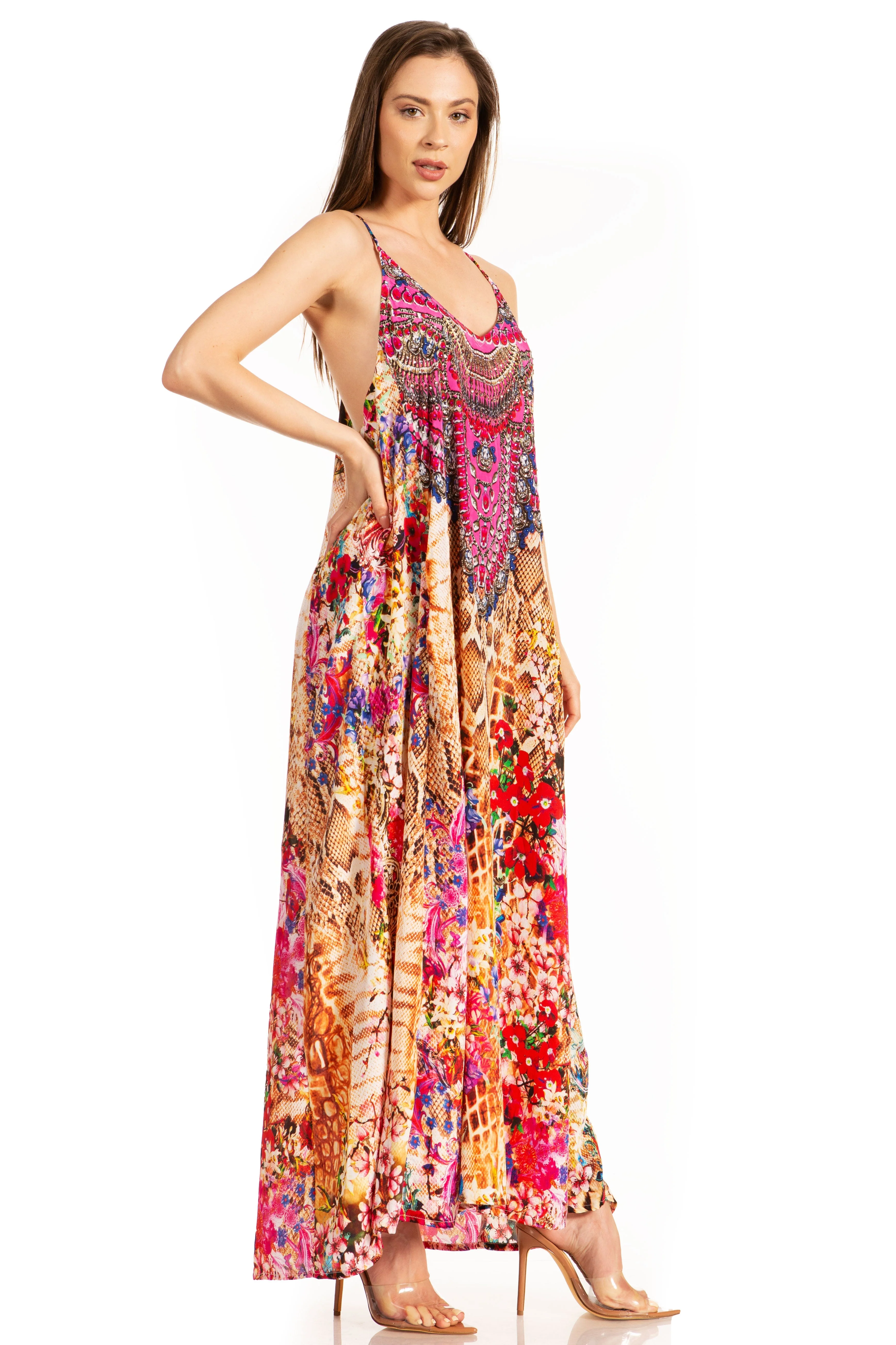Sakkas Sofia Women's Spaghetti Strap V-neck Floral Print Summer Casual Maxi Dress - Image 28