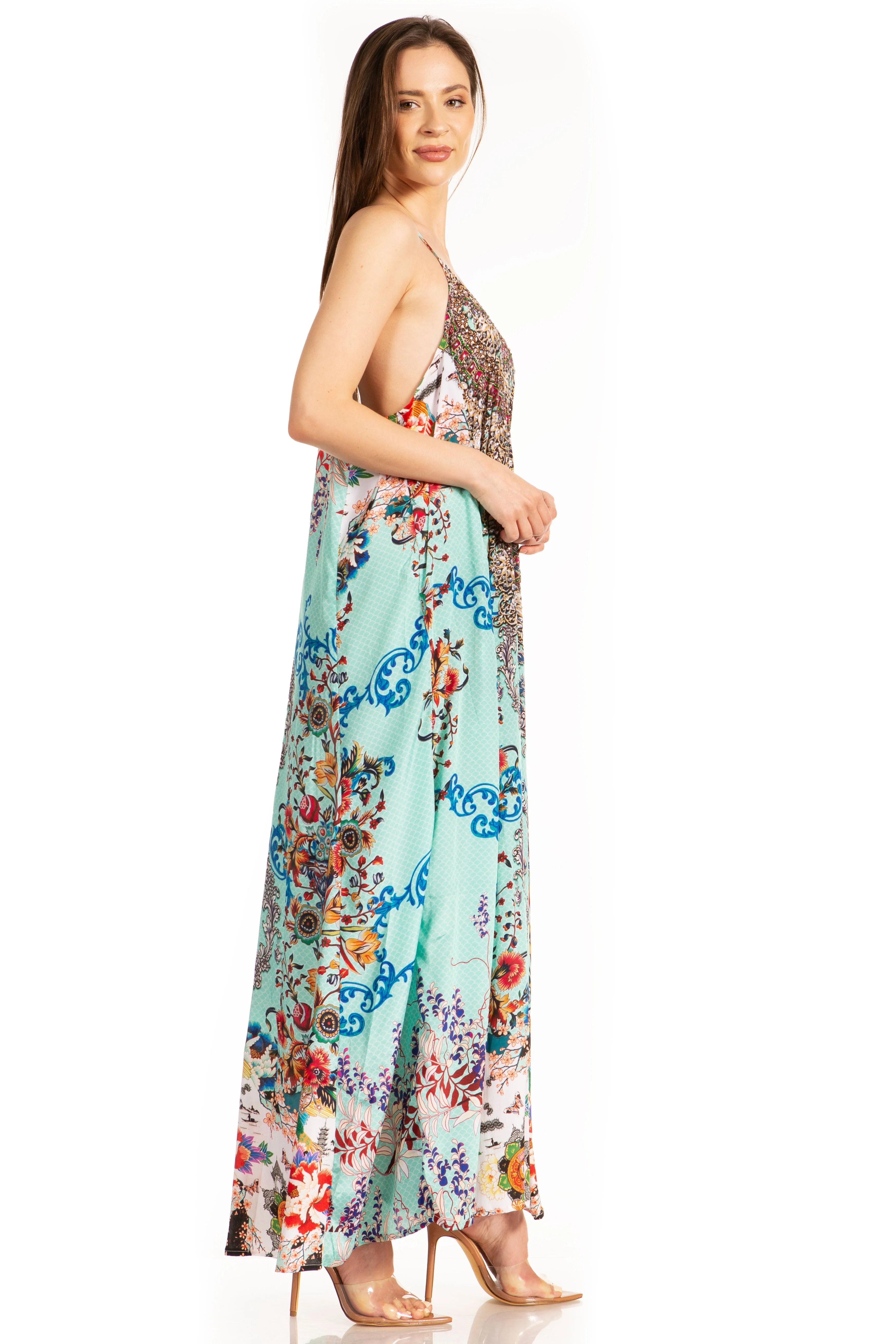 Sakkas Sofia Women's Spaghetti Strap V-neck Floral Print Summer Casual Maxi Dress - Image 38
