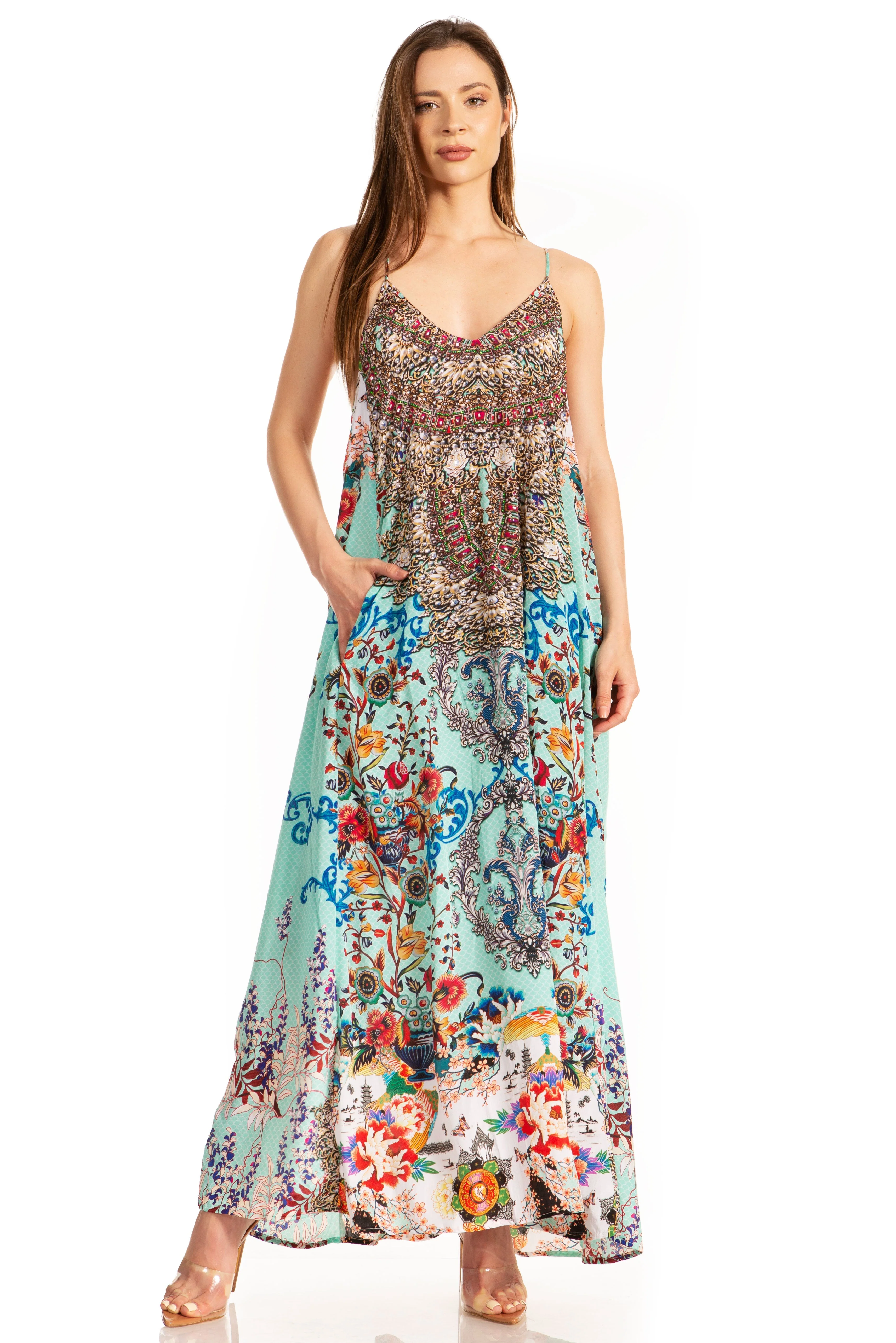 Sakkas Sofia Women's Spaghetti Strap V-neck Floral Print Summer Casual Maxi Dress - Image 40