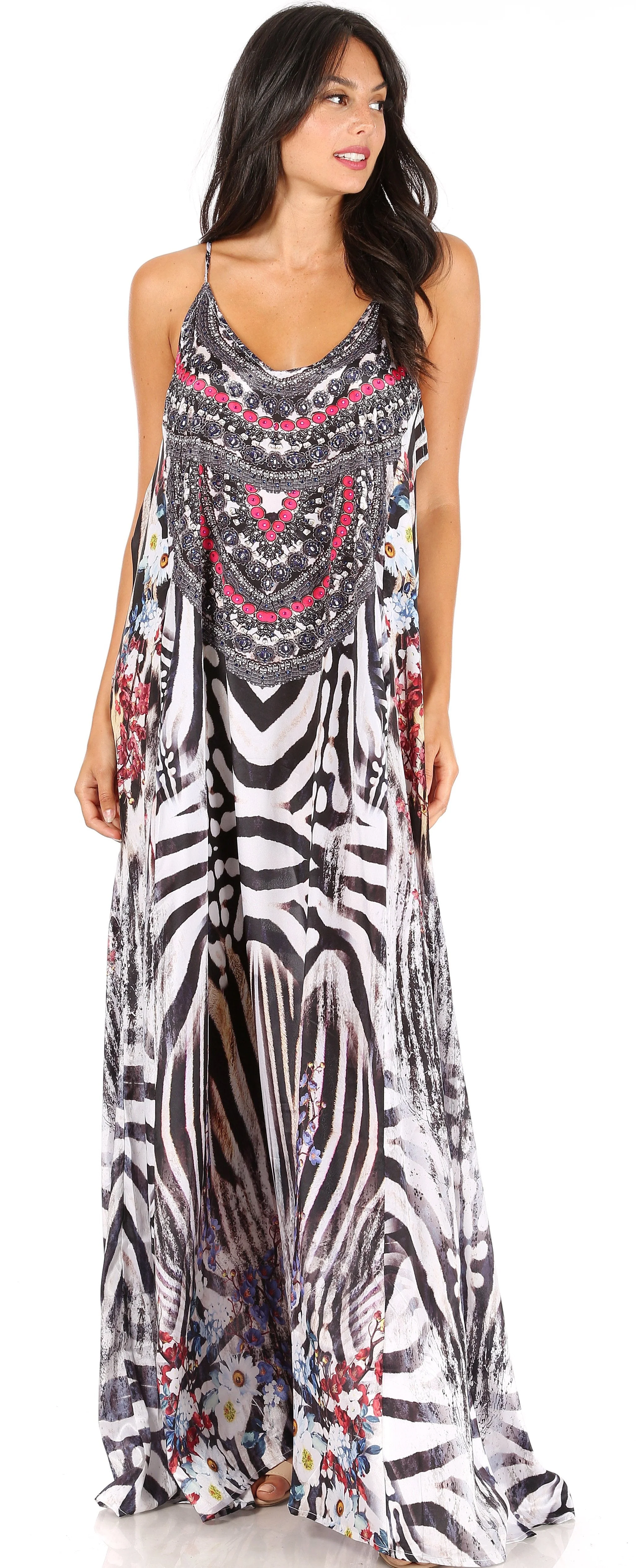 Sakkas Sofia Women's Spaghetti Strap V-neck Floral Print Summer Casual Maxi Dress - Image 45