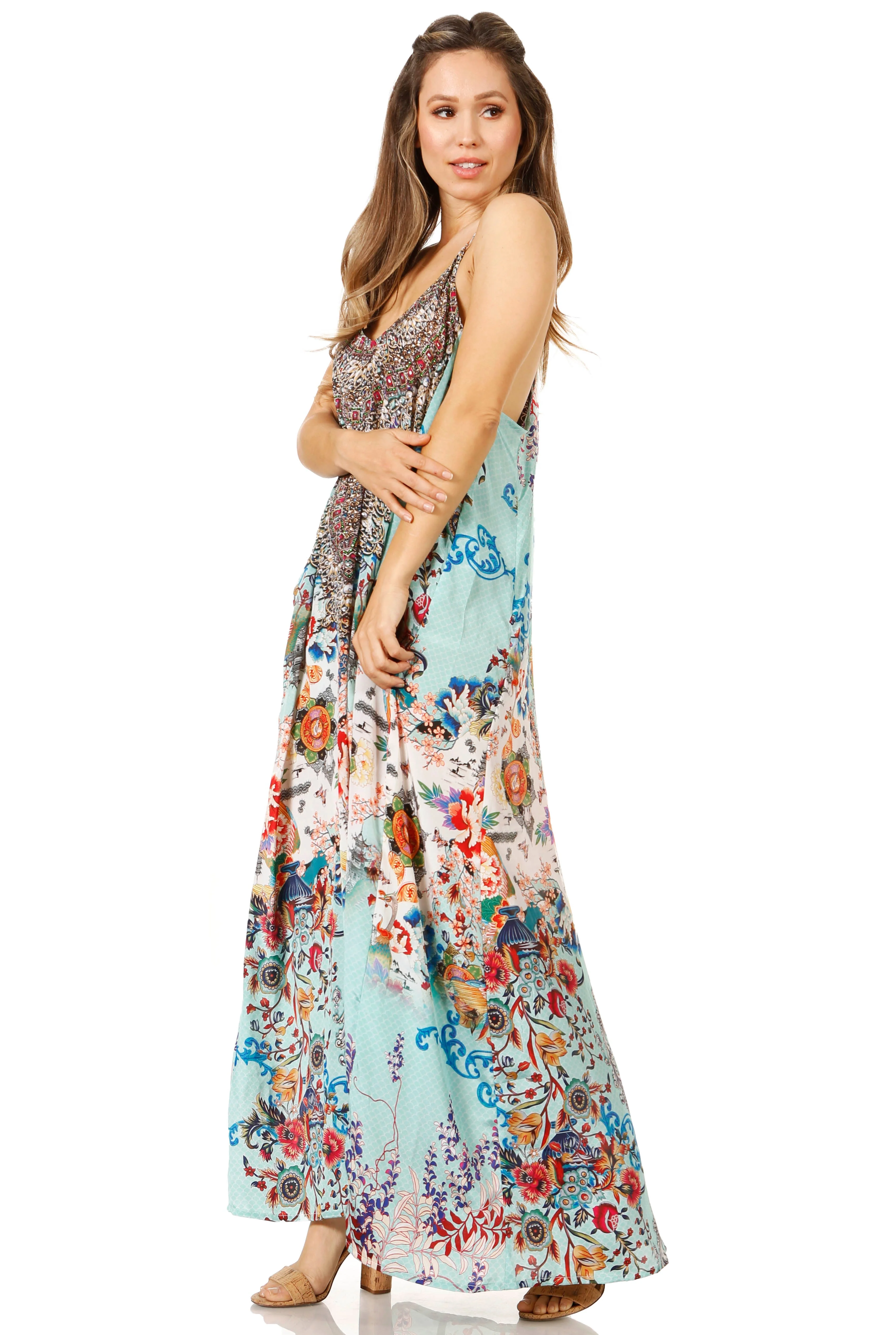 Sakkas Sofia Women's Spaghetti Strap V-neck Floral Print Summer Casual Maxi Dress - Image 93