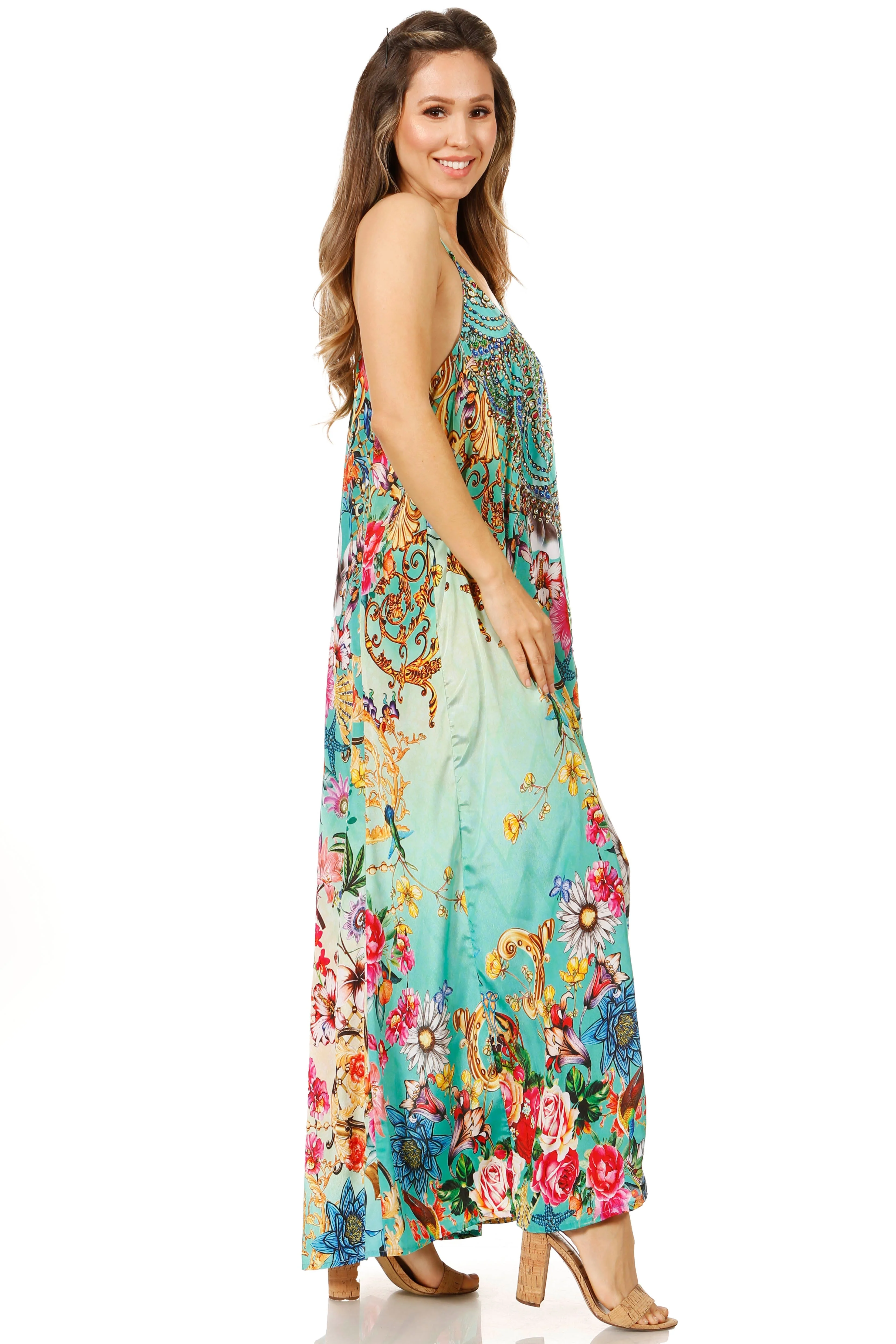 Sakkas Sofia Women's Spaghetti Strap V-neck Floral Print Summer Casual Maxi Dress - Image 99