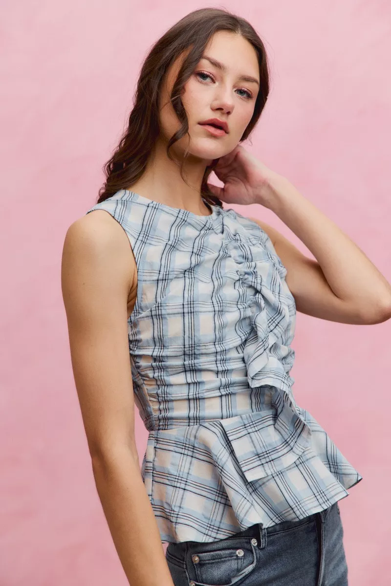 SO ME Plaid Sleeveless Ruffle Peplum Top - Image 4