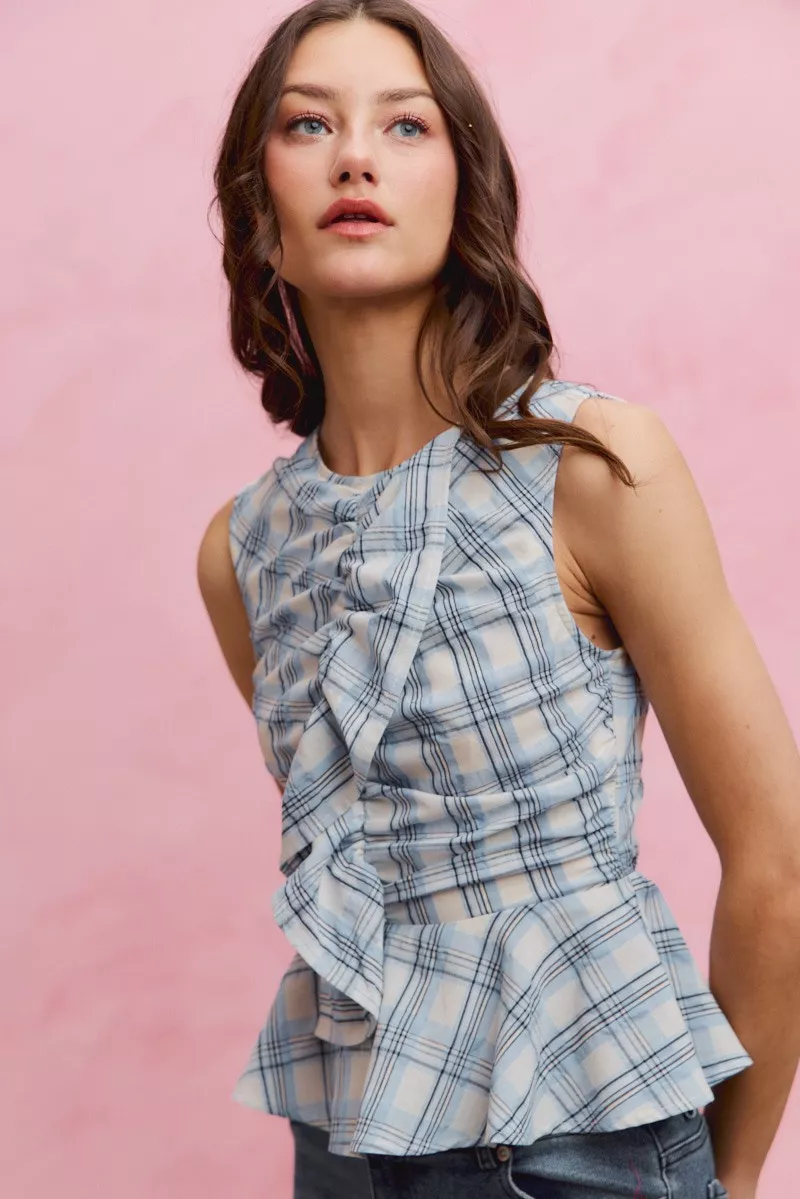 SO ME Plaid Sleeveless Ruffle Peplum Top - Image 7