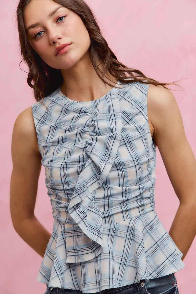 SO ME Plaid Sleeveless Ruffle Peplum Top - Image 8