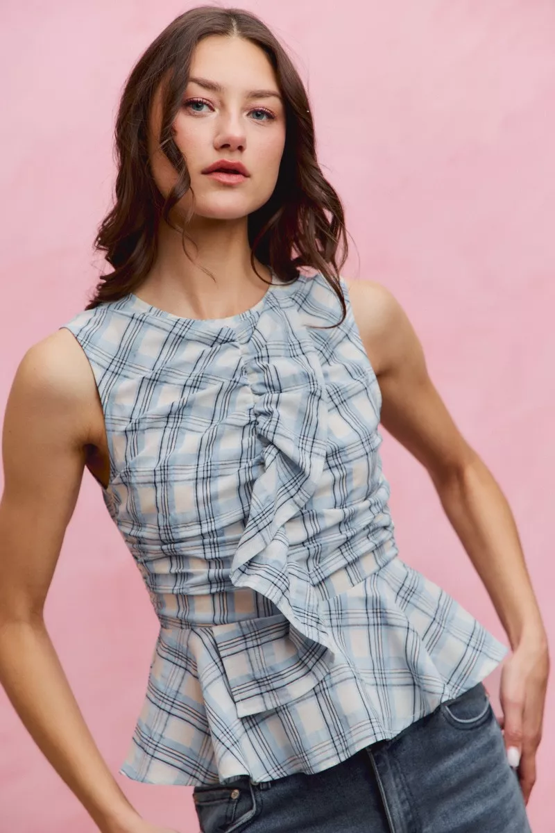 SO ME Plaid Sleeveless Ruffle Peplum Top - Image 9