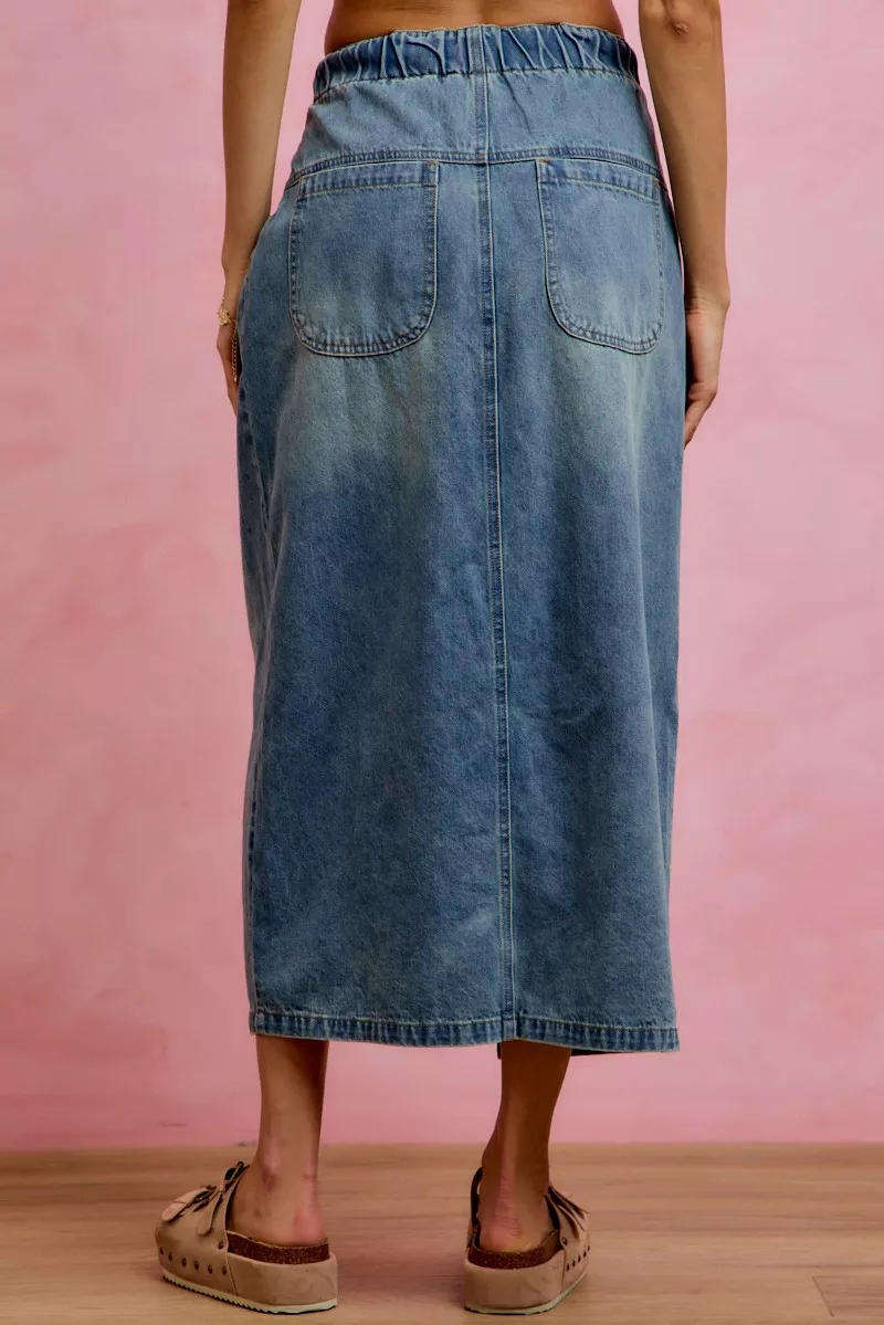 SO ME Pleated Washed Denim Skirt With Front Slit - Image 3