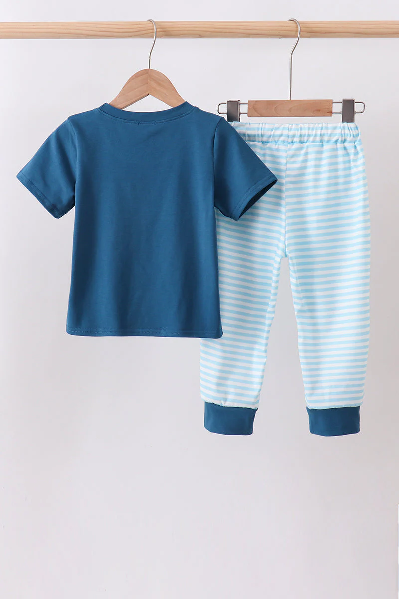 Teal Apple Embroidered Stripe Pants Set - Image 5