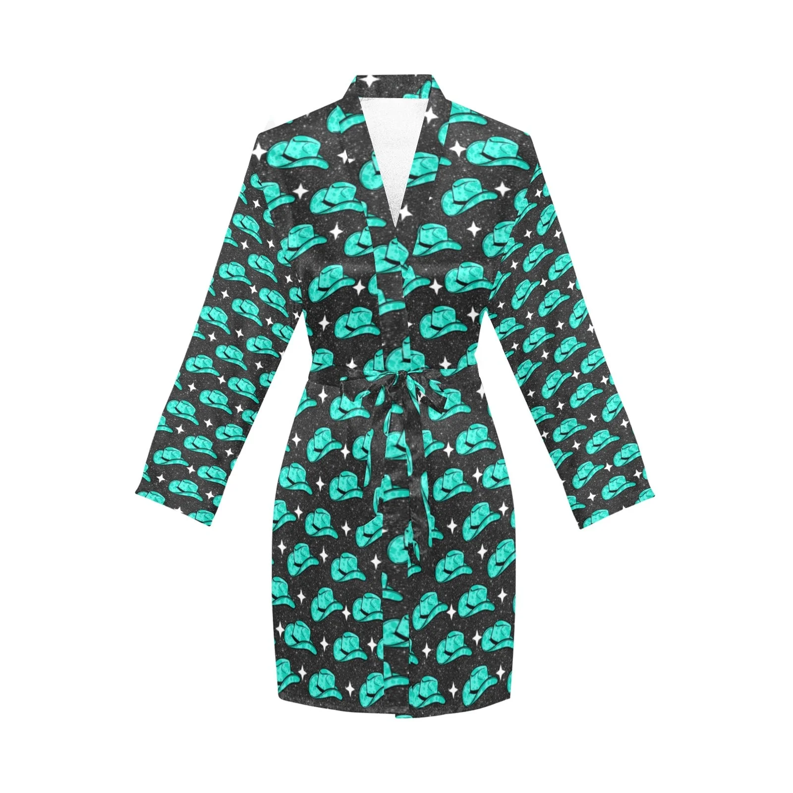 Turquoise cowgirl Hat Women's Belted Satin Feel Dressing Lounge Robe - Image 3