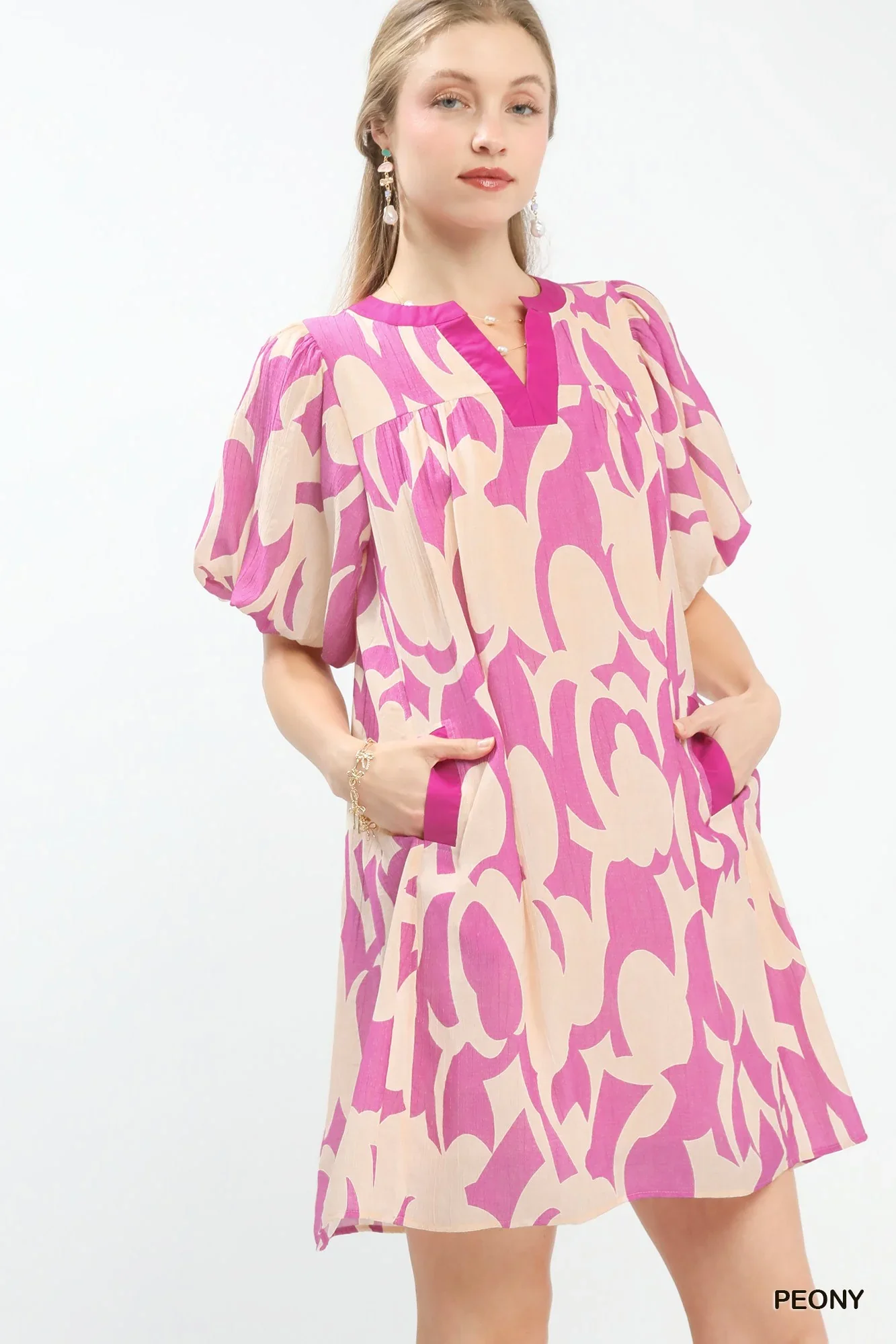 Umgee Abstract Print Puff Sleeve Shift Dress - Image 2