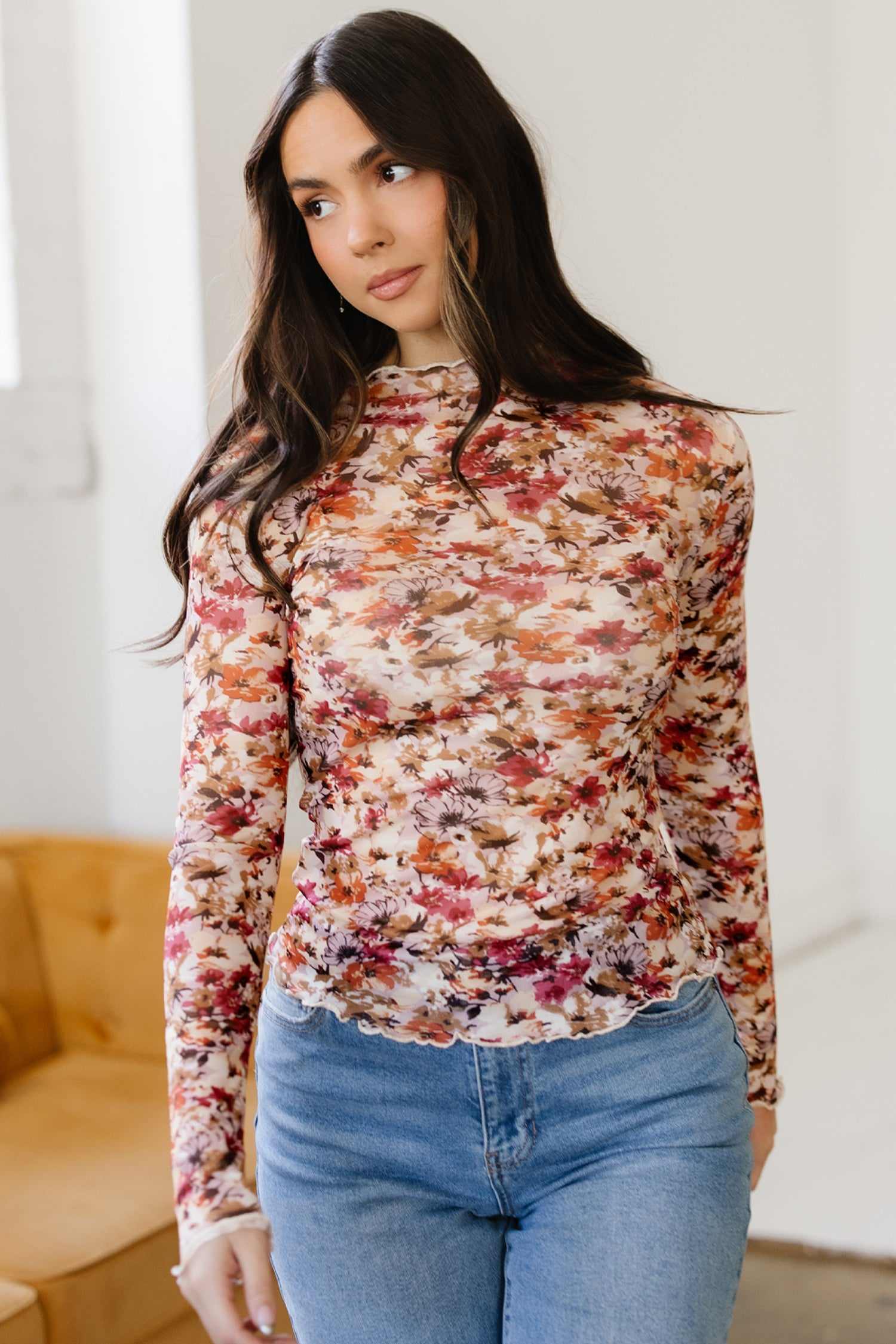 Virginia Floral Print Mesh Long Sleeve Top - Red / L - 12/14
