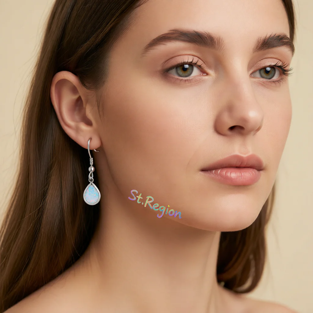 White Opal & Silvertone Teardrop Earrings - Image 5