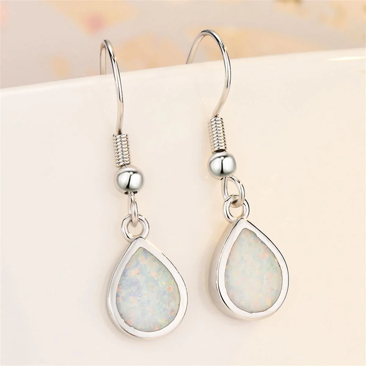White Opal & Silvertone Teardrop Earrings - Image 8