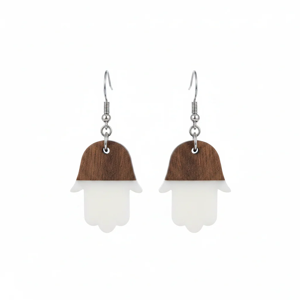 White Resin & Wood Silvertone Patchwork Hamsa Hook Earrings - Image 2