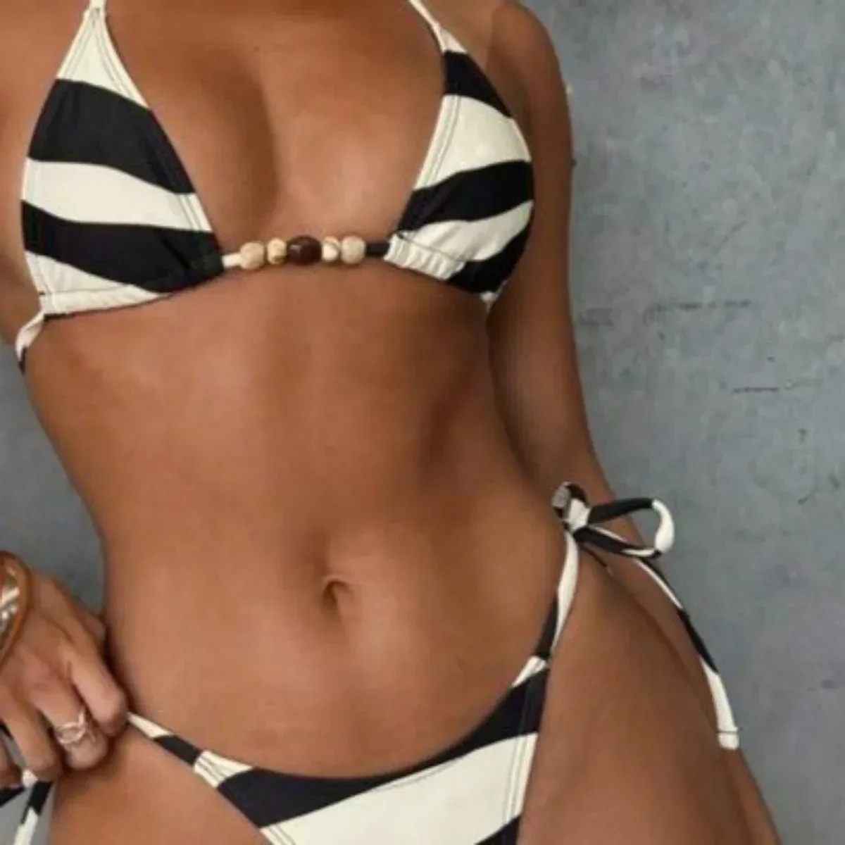 Women's Black White Stripe Triangle Bikini - Image 3