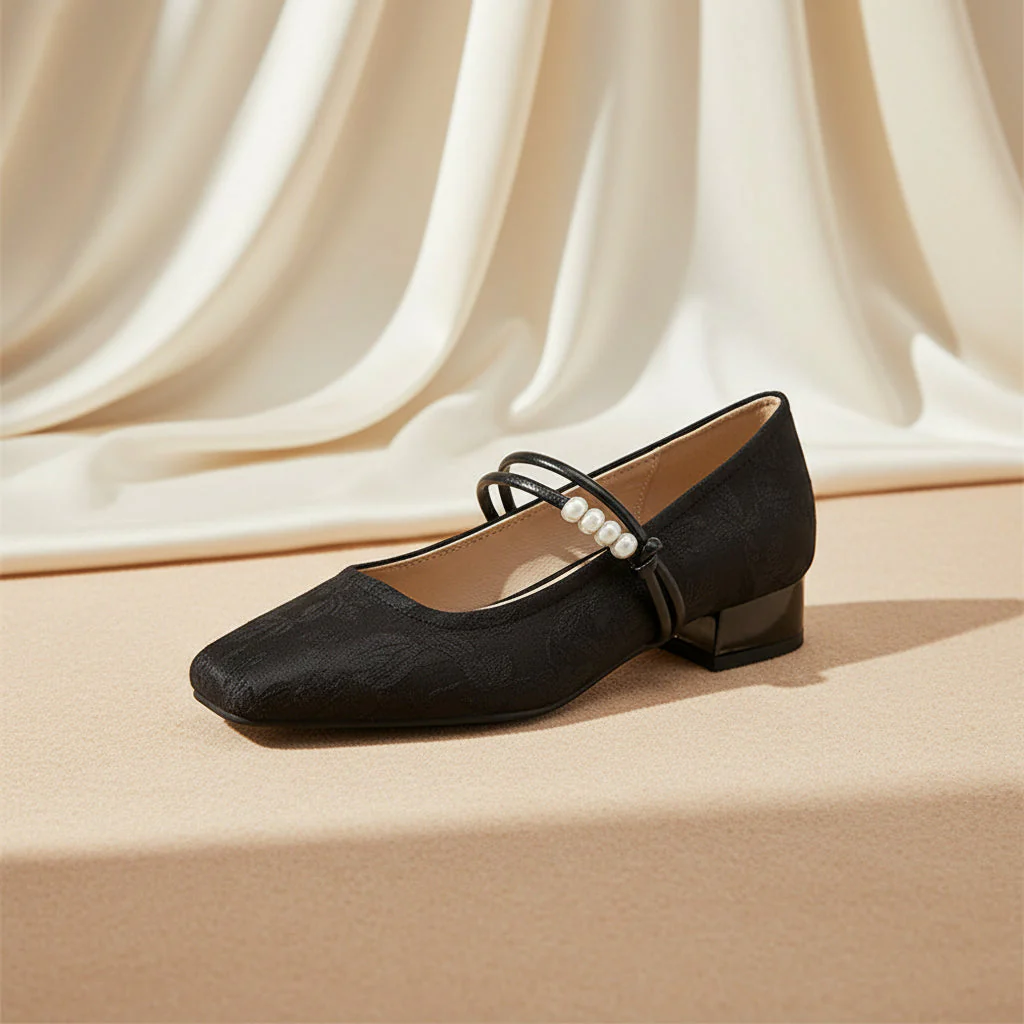 Women's Chinese-Style Satin Square-Toe Slip-On Flats – Beaded Buckle Low-Heel Shoes - Image 3