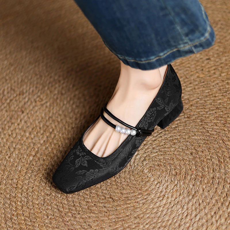 Women's Chinese-Style Satin Square-Toe Slip-On Flats – Beaded Buckle Low-Heel Shoes - Image 7