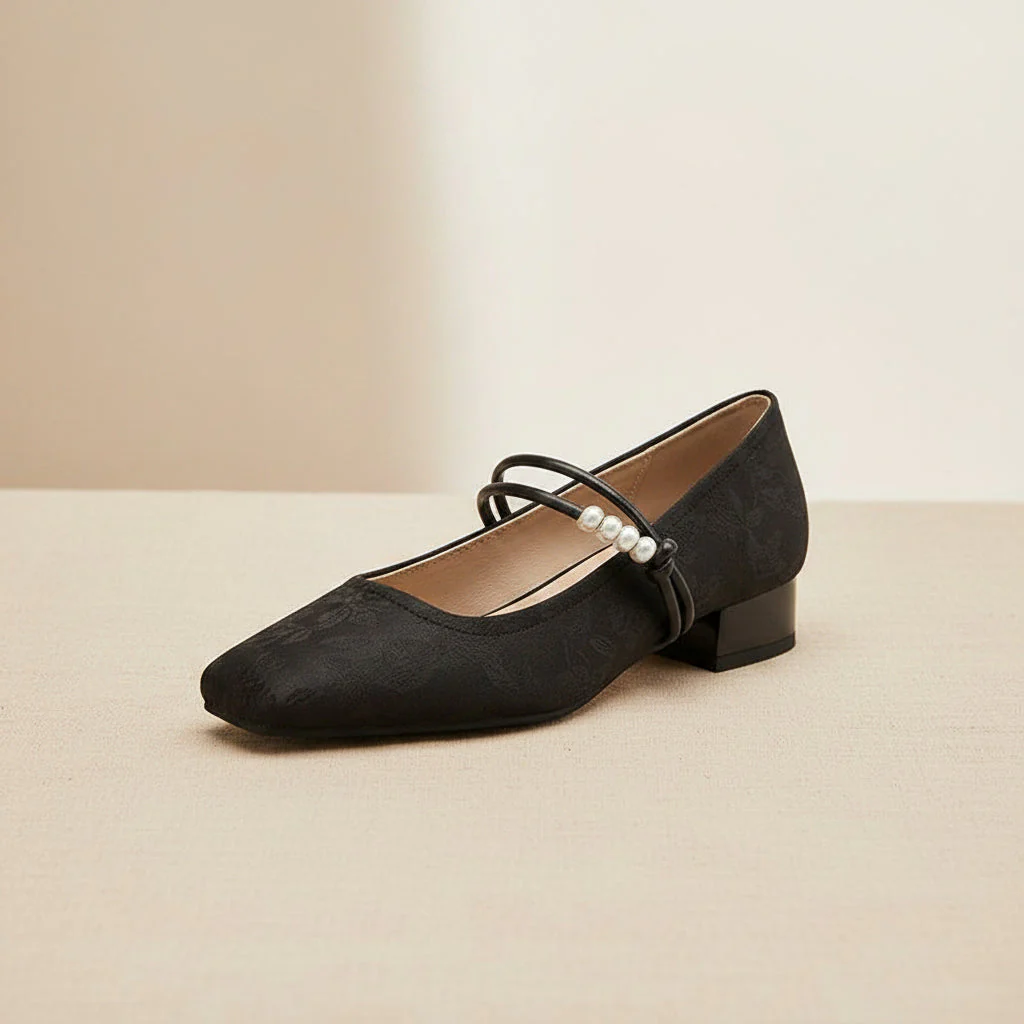 Women's Chinese-Style Satin Square-Toe Slip-On Flats – Beaded Buckle Low-Heel Shoes - Image 9